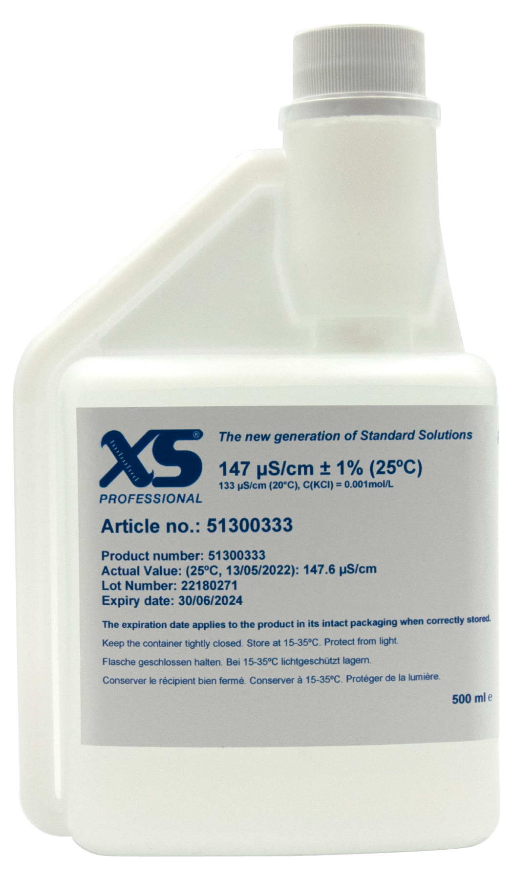 XS Professional 147 µS/cm Kalibrierlösung Flasche, 500 ml Hygiene-Verschluss sichtbar, halbtransparente Dosierflasche, Lösung zur Elektrodenkalibrierung
