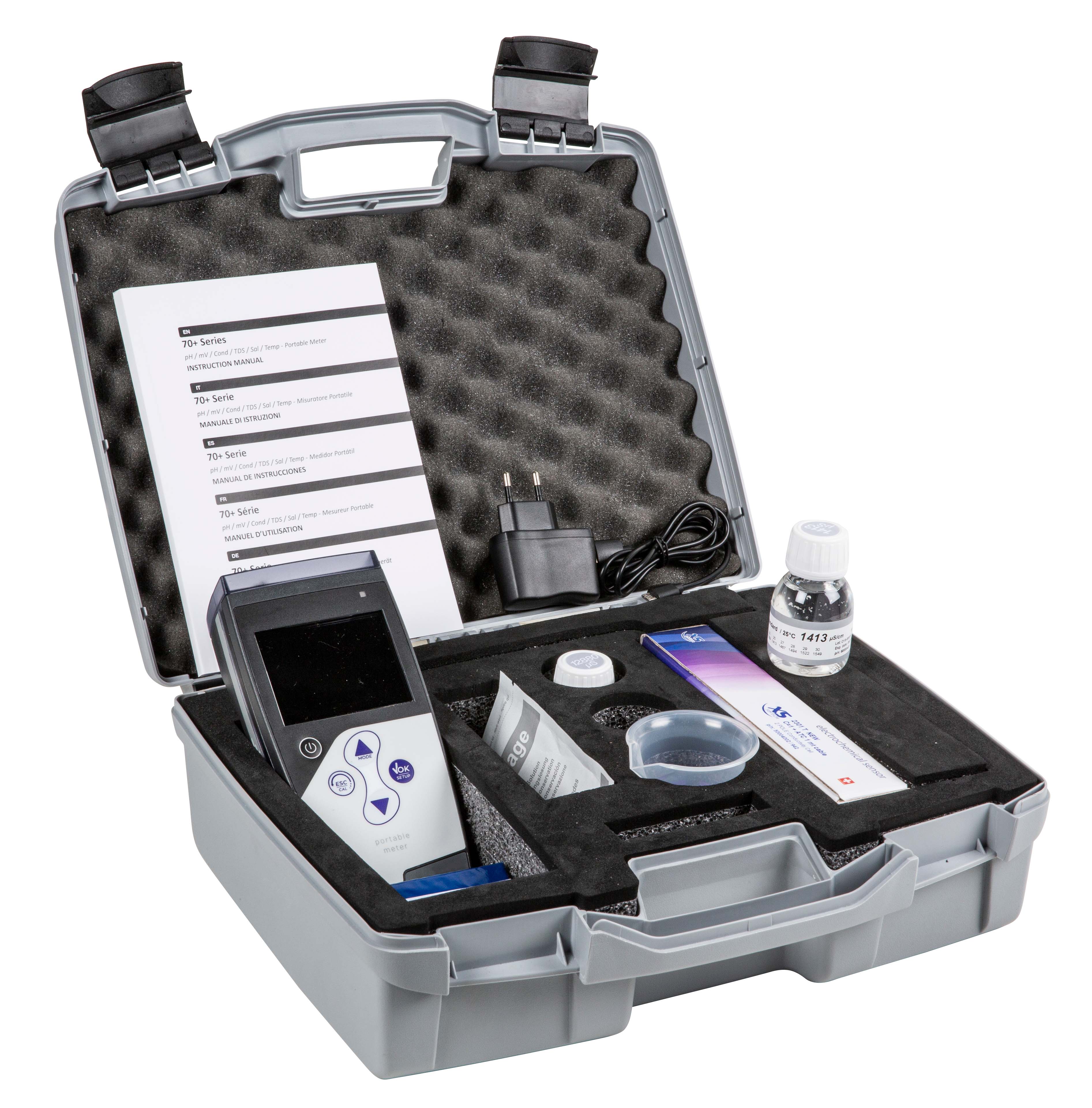 Professional Leitfähigkeit Handmessgerät im Koffer, Queransicht mit Elektroden und Zubehör