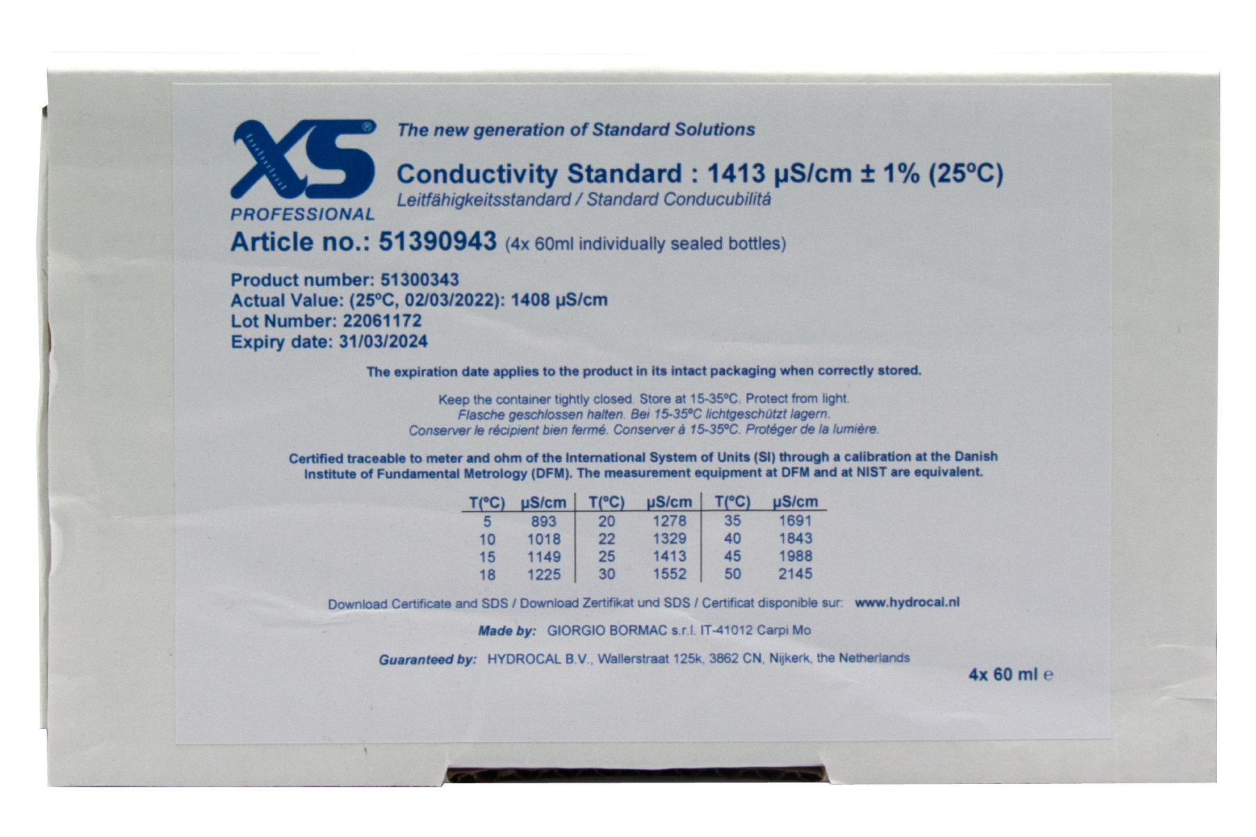 XS Professional 1413µS/cm - 4x 60ml Leitfähigkeitskalibrierlösung Datenblatt