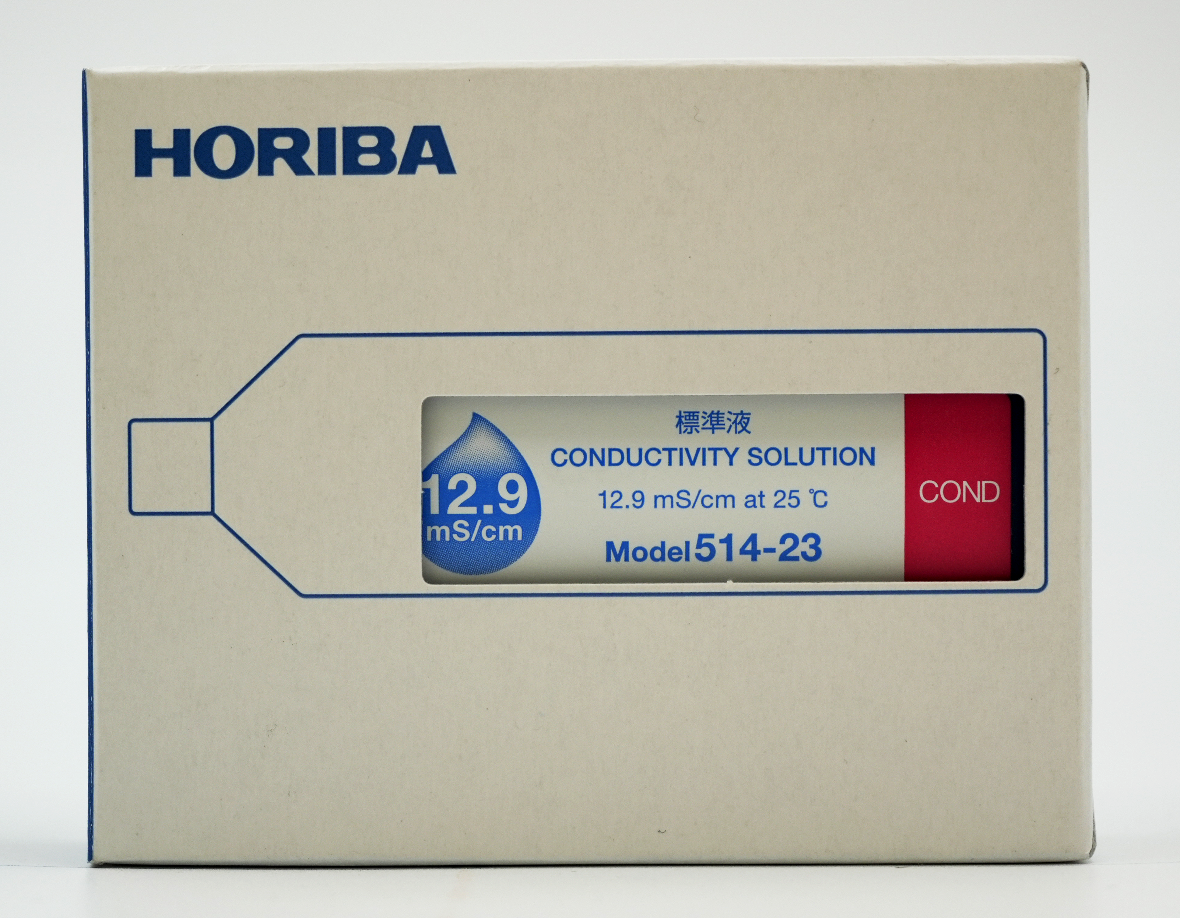 Horiba 12.9 mS/cm conductivity standard solution, packaging with viewing window and label