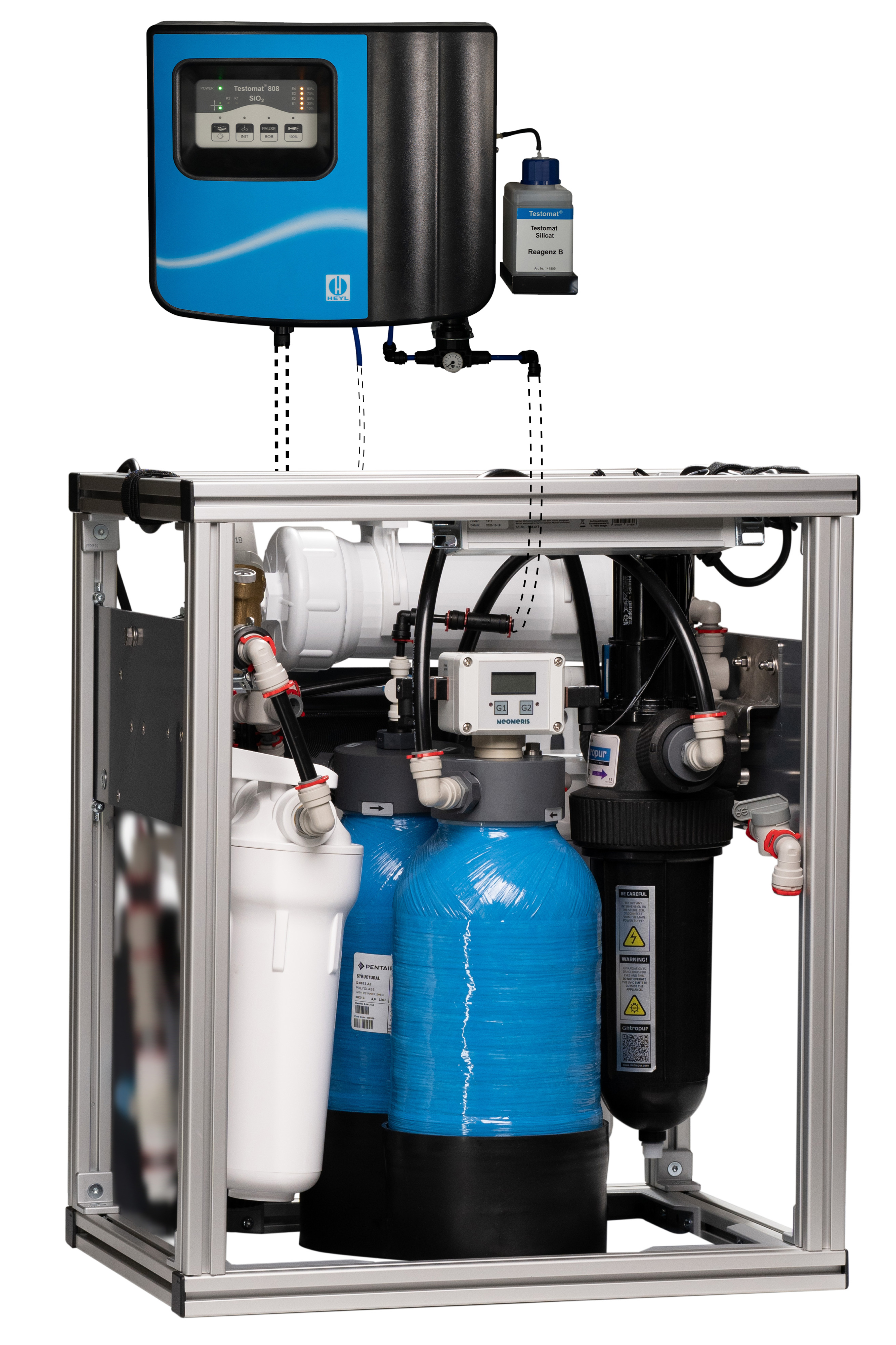 Water treatment system as an under-counter system for outpatient clinics, incl. UV system and pyrogen filter