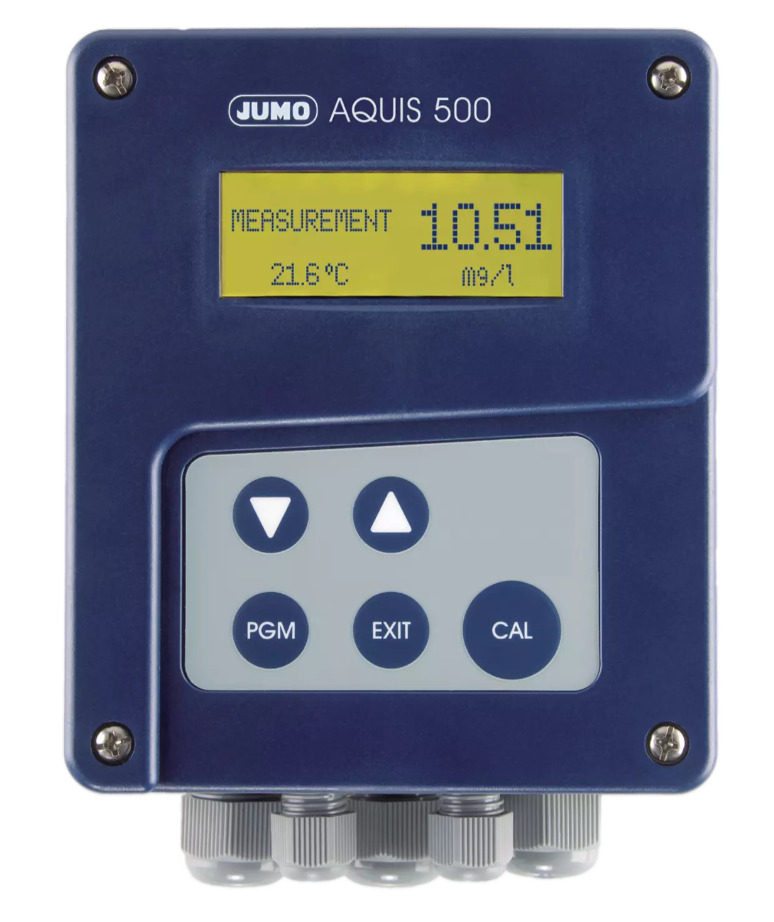 JUMO AQUIS RS, Anzeigegerät/Regler für digitale Sensoren mit Modbus-Protokoll im Aufbaugehäuse, mit RS485 Modbus-Master, analogen Ausgang 0 (4) - 20mA bzw. 0 - 10V Ausgang für Hauptwert und der Temperatur, Ausgang 3+4 Relais mit Umschaltkontakt