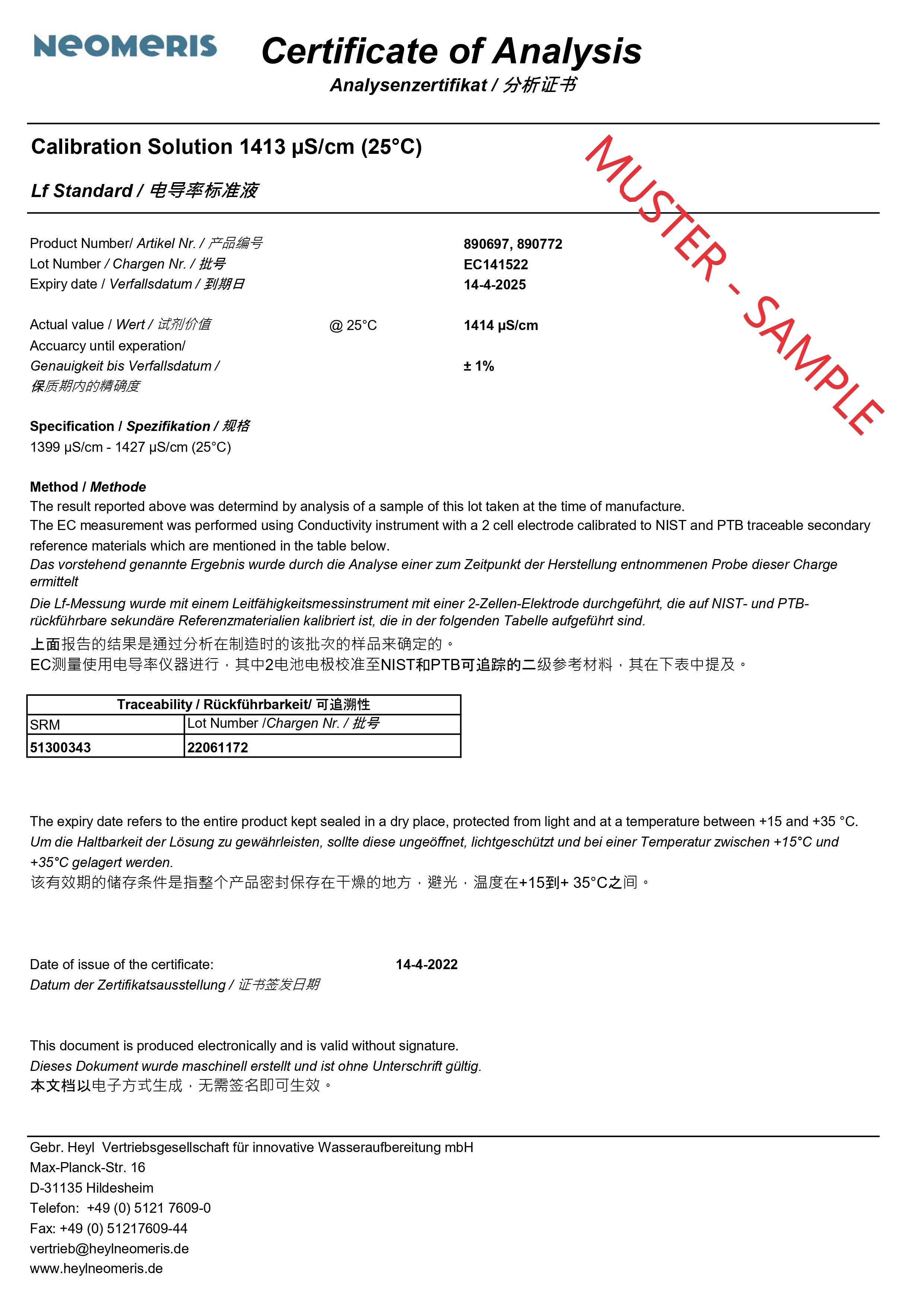Dokument zur Analyse der Kalibrierlösung, offizielles Qualitätszertifikat sichtbar,147 μS/cm