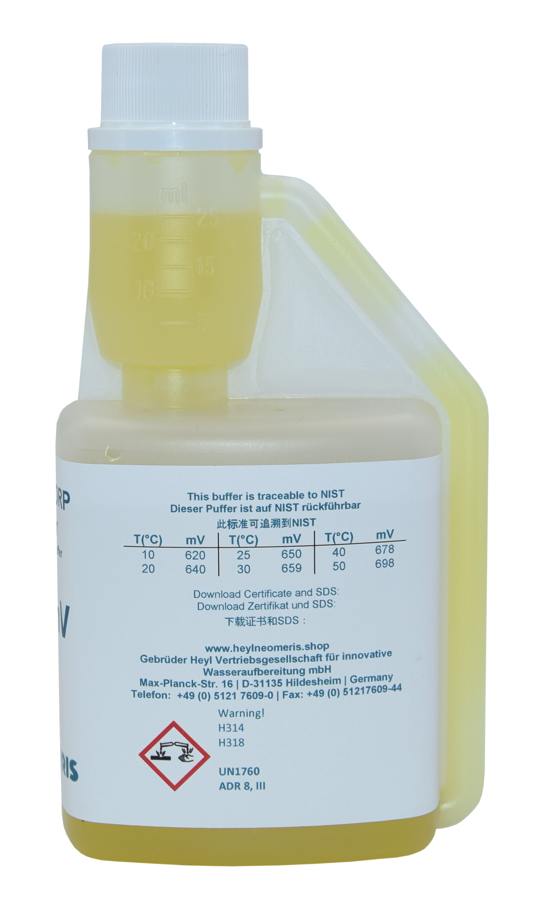Redox Pufferlösung, Flasche mit Druckverschluss, schützt vor Kontamination, gelbe 650 mV Kalibrierlösung