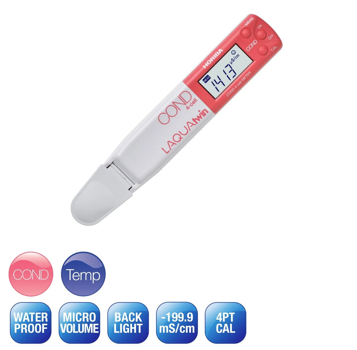 Horiba LAQUAtwin 4EC-22 conductivity tester, our item number 896092. Shown here is the conductivity meter and a list of the product’s features.