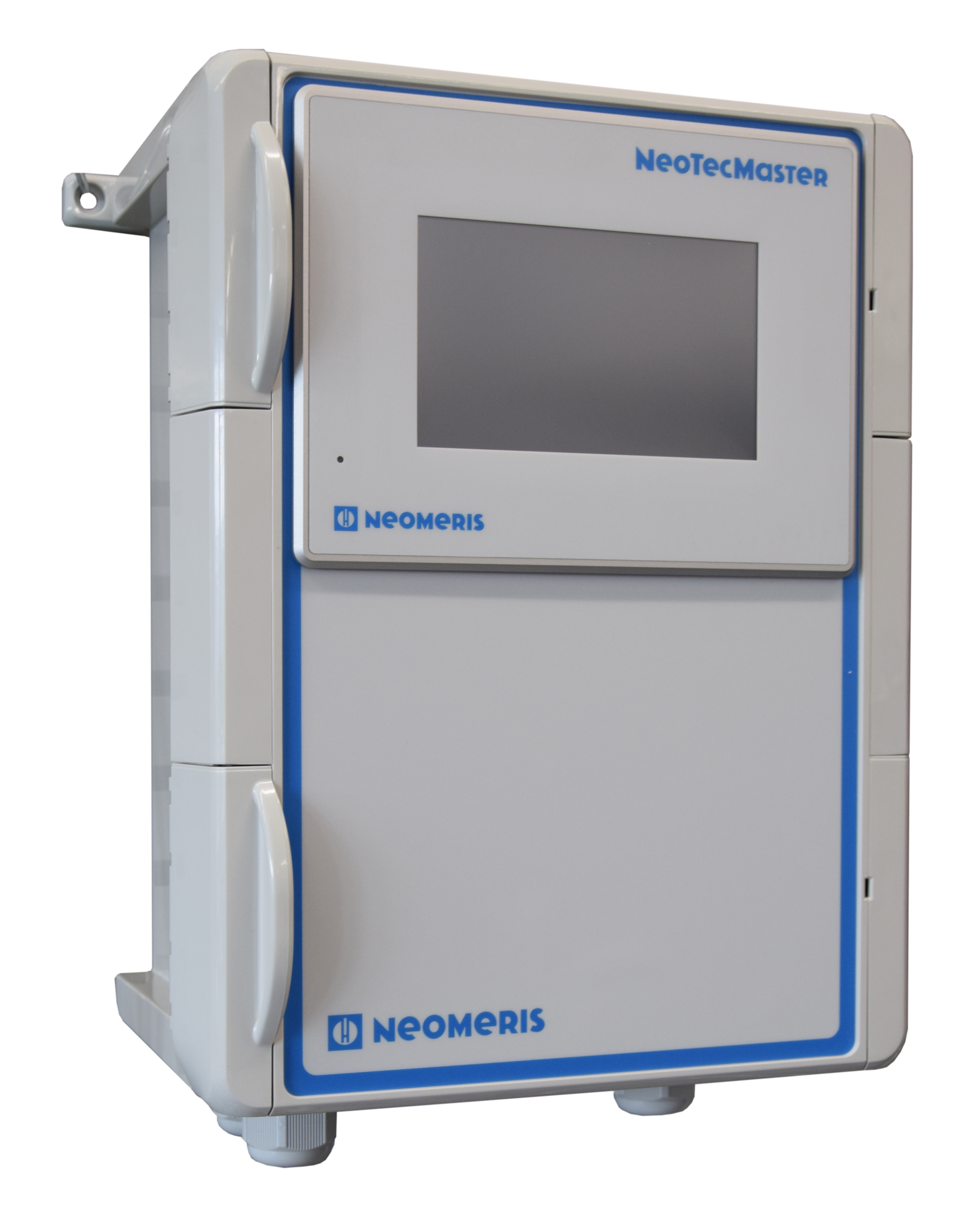 NeoTecMaster Gehäuse IP66 5 Zoll Display offen, Innenansicht mit Platz für 6 Module, lichtgraues Gehäuse