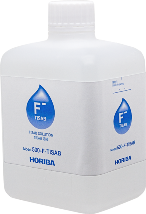 Horiba fluoride ionic strength adjuster, bottle front view, clear plastic bottle with blue label