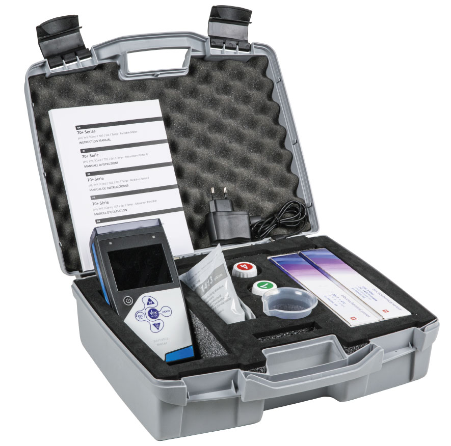 Professional pH/Leitfähigkeit/TDS/mV/Redox/Temperatur Handmessgerät im Koffer inklusive Elektroden, Koffer schräg, Handmessgerät lugt hervor