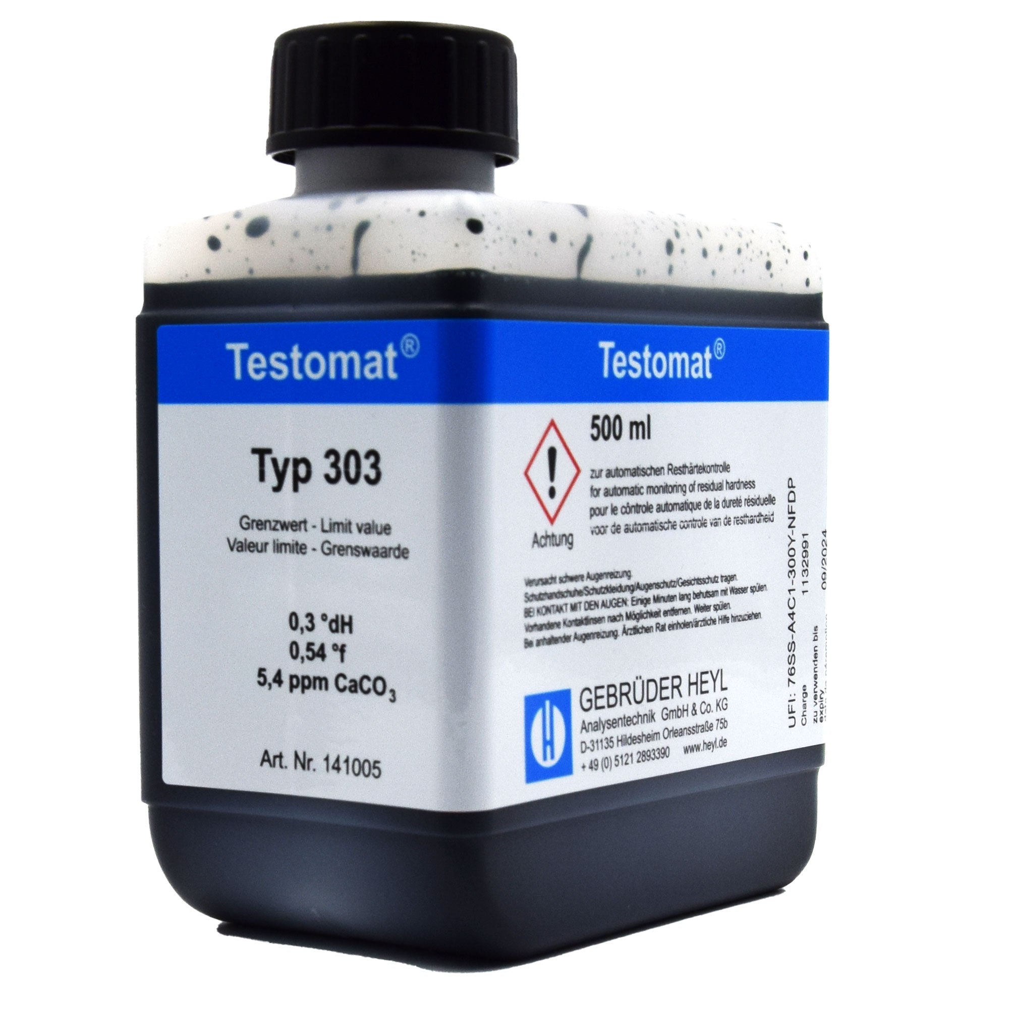 Testomat® 808 Indicator 303, 500 ml bottle with clear labelling, water analysis, side view