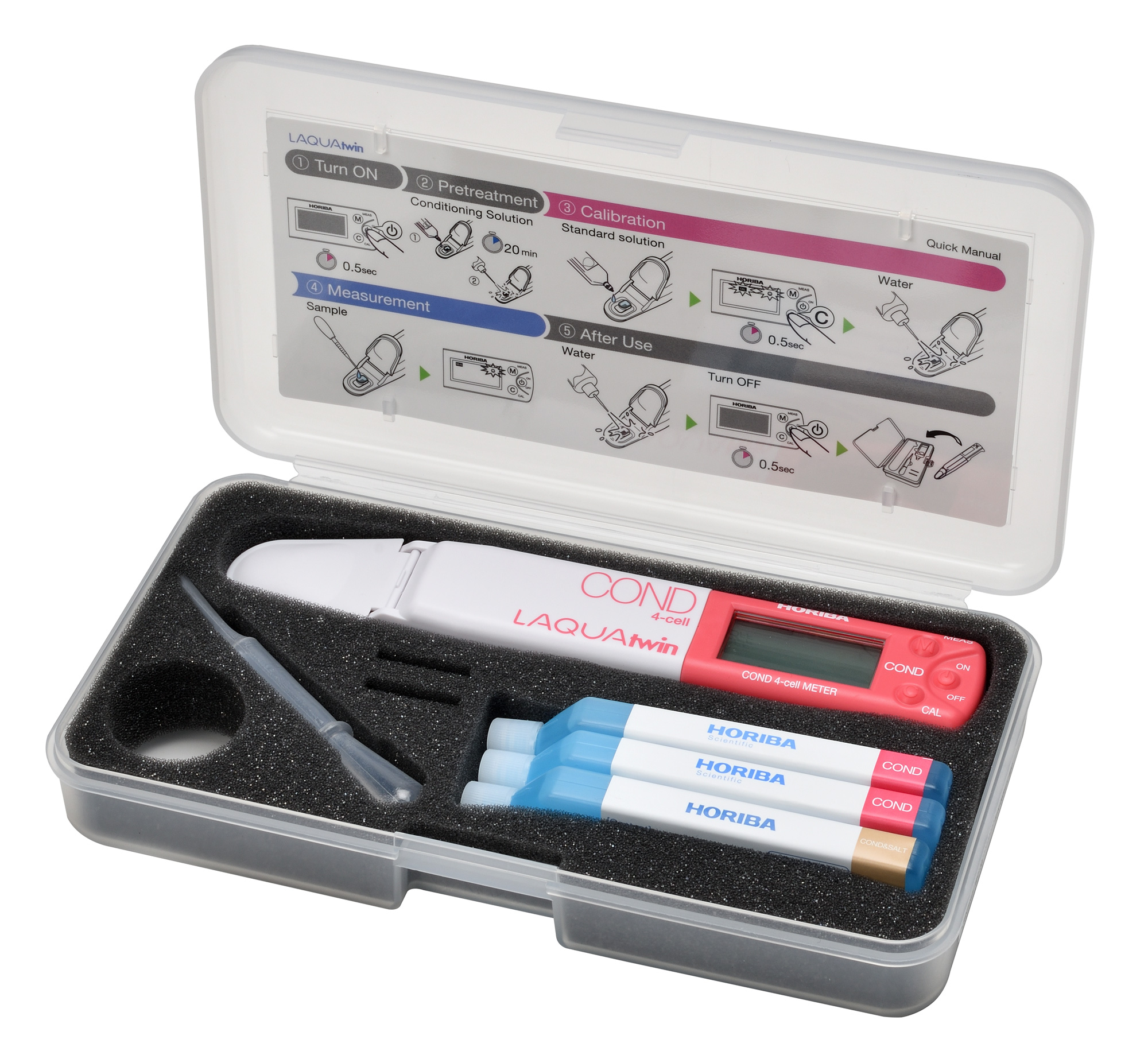 Horiba LAQUAtwin 4EC-33 conductivity tester, our item number 896093. The image shows the conductivity tester lying flat in the open box, with solutions and a pipette.