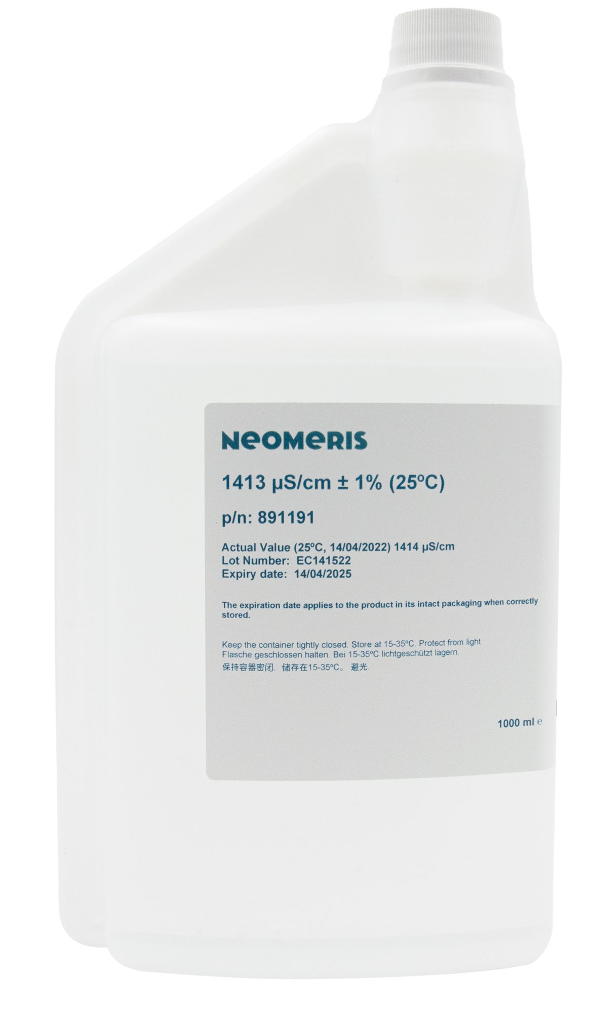Neomeris Leitfähigkeitskalibrierlösung 1413 μS/cm Leitfähigkeitskalibrierlösung 1000 ml Flasche Frontansicht, durchsichtiger Hygieneverschluss, transparente Flasche