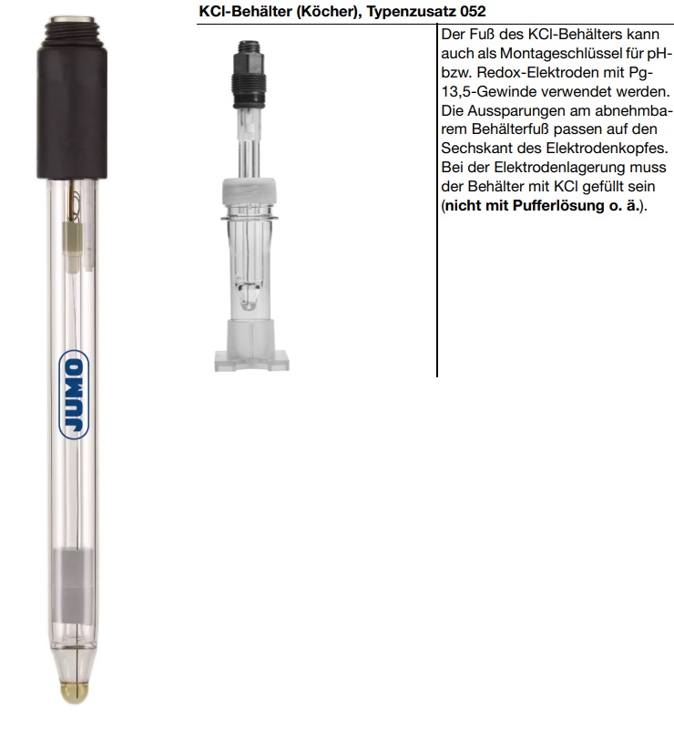 JUMO ecoLine glass shaft pH electrode with KCL container, S8 Pg13.5 screw head