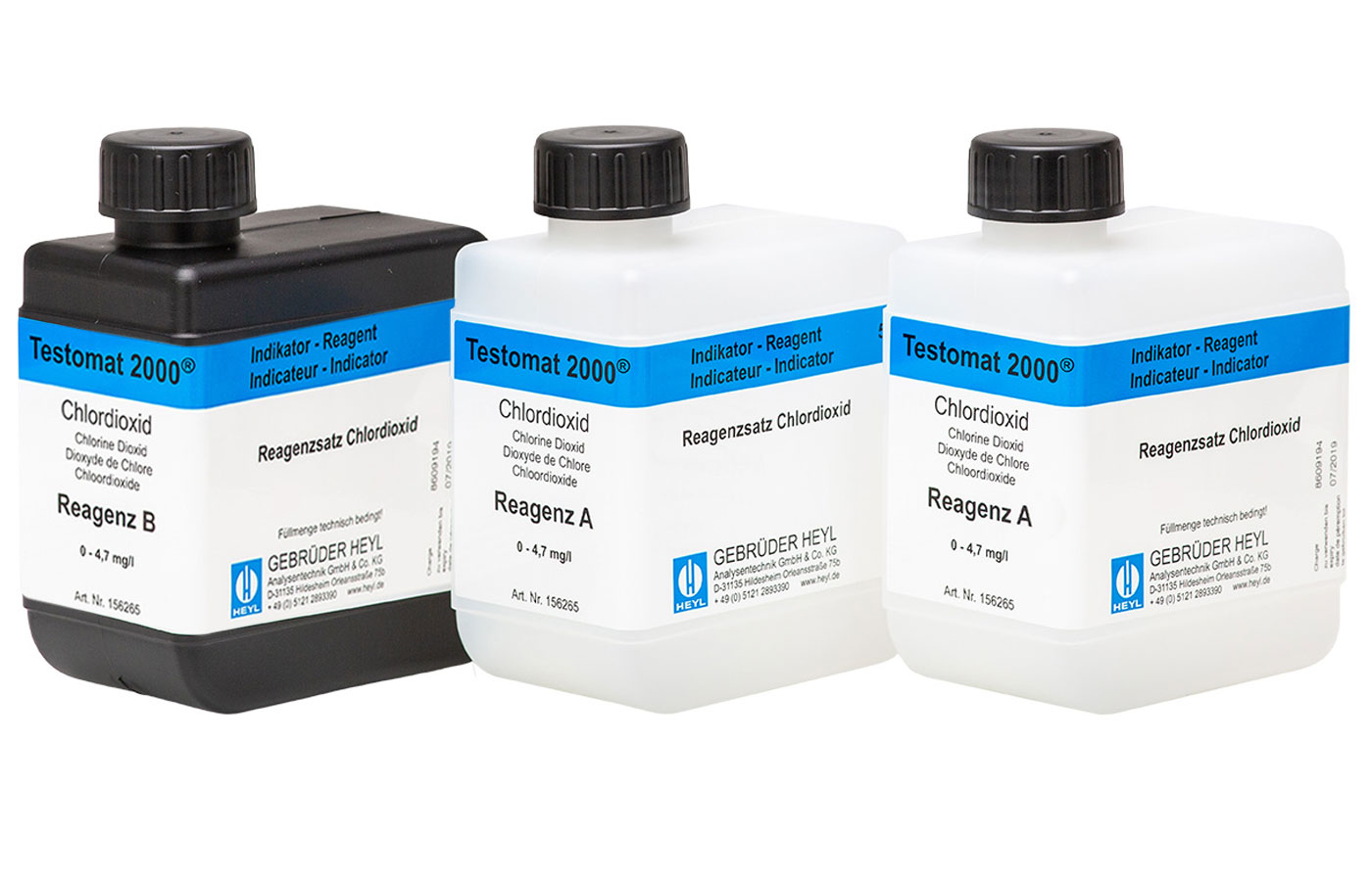 Testomat 2000® Reagenz CIO2 A/B, Frontansicht der 500 ml Flasche, für CIO2-Messung geeignet