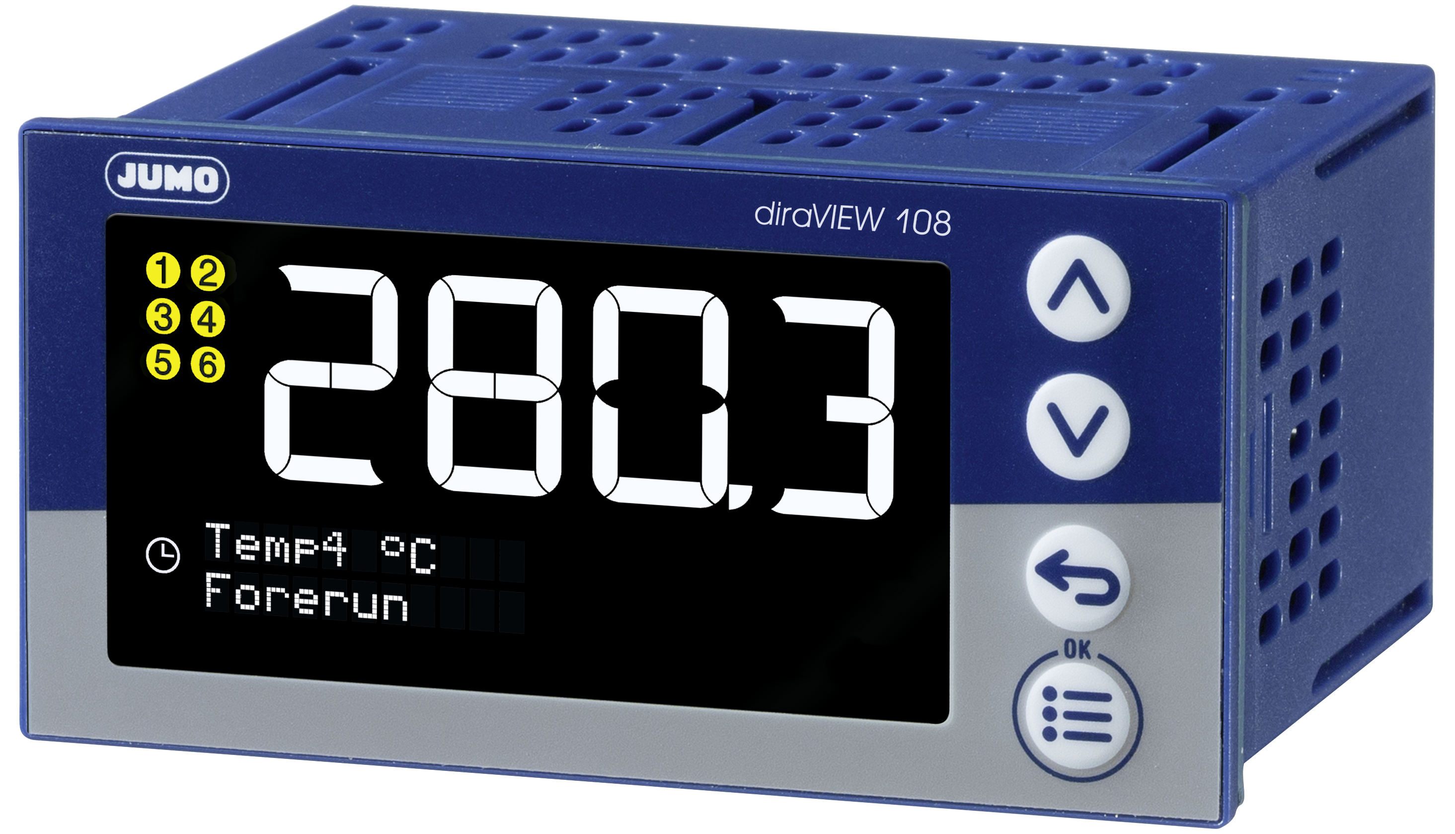 JUMO diraVIEW 108 (Querformat 96 x 48 mm, 1 x Analogeingang, 2 x Relais, 1 x DI, 1 x DI / DO)