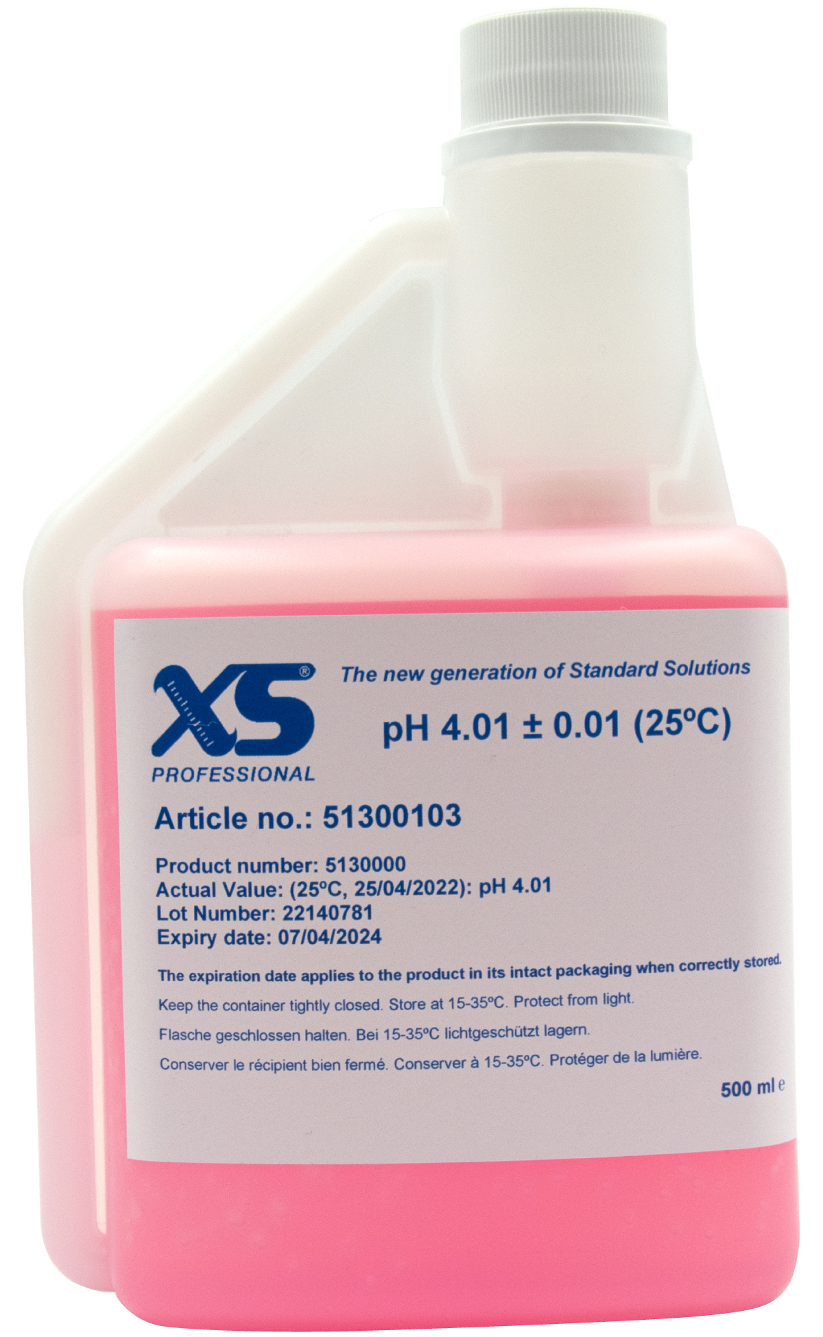 XS Professional pH 4.01 500 ml, Druckverschluss-Flasche mit DAkkS-Zertifikat