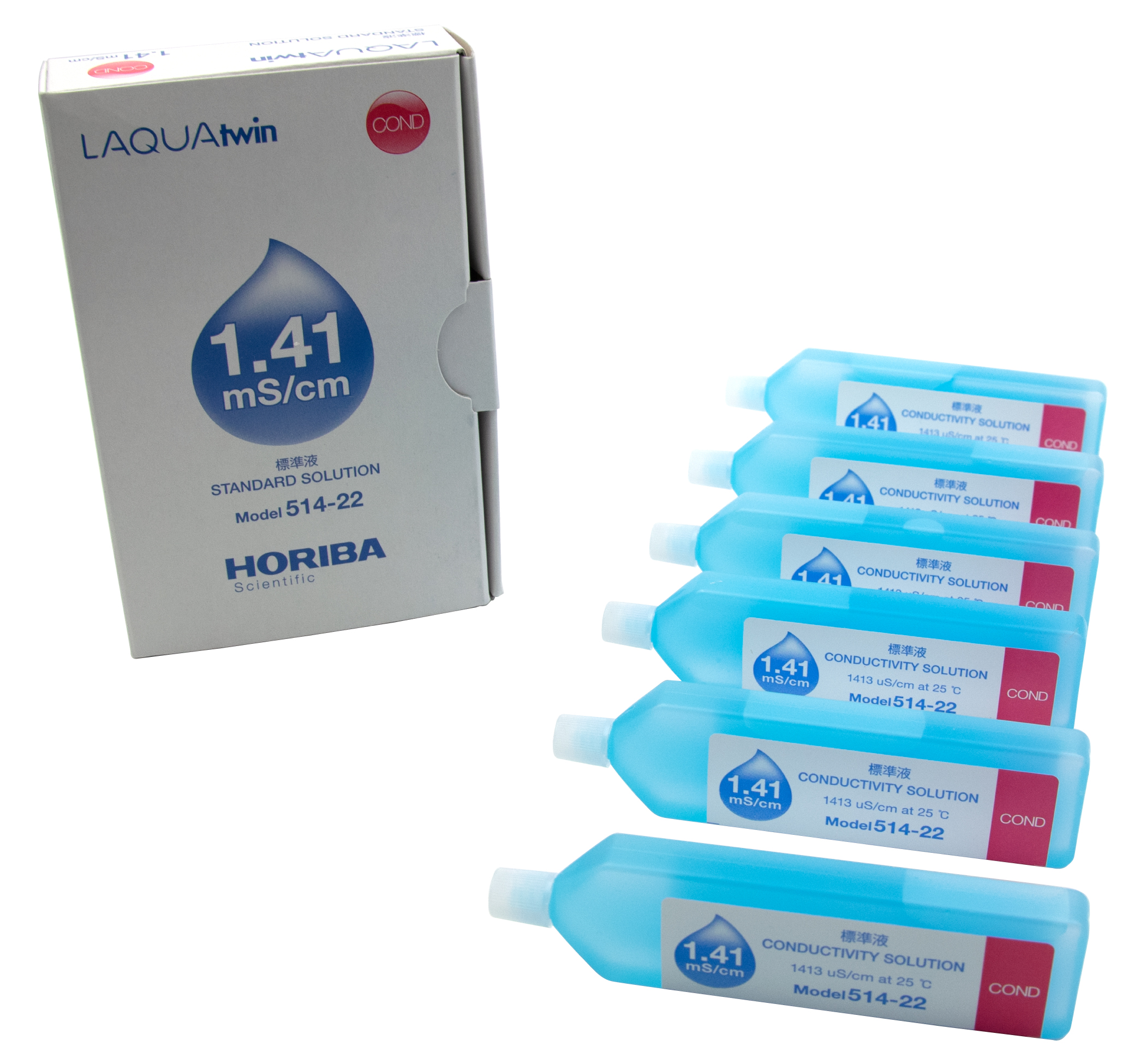 Horiba 1413 μS/cm conductivity standard solution, packaging on the left, six bottles side by side on the right, calibration solution for water