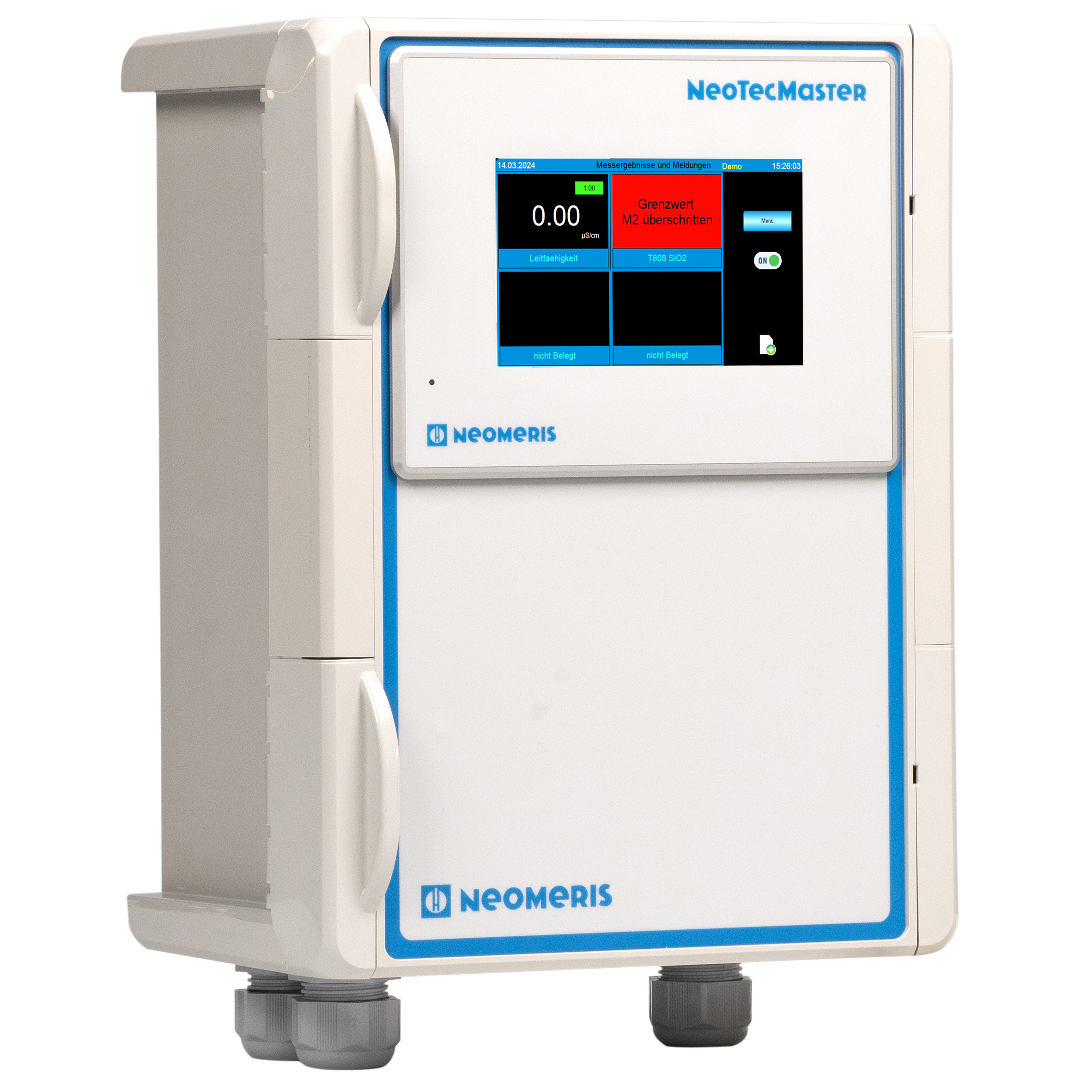 NeoTecMaster® – 5 Zoll im Gehäuse IP 66 als 4 Kanalsystem, vorkonfiguriert zur Aufnahme von bis zu 8 eingehenden 4-20 mA Signalen, einem R232 Signal sowie Modbus Signal, optional freischaltbar auf 8 Kanäle