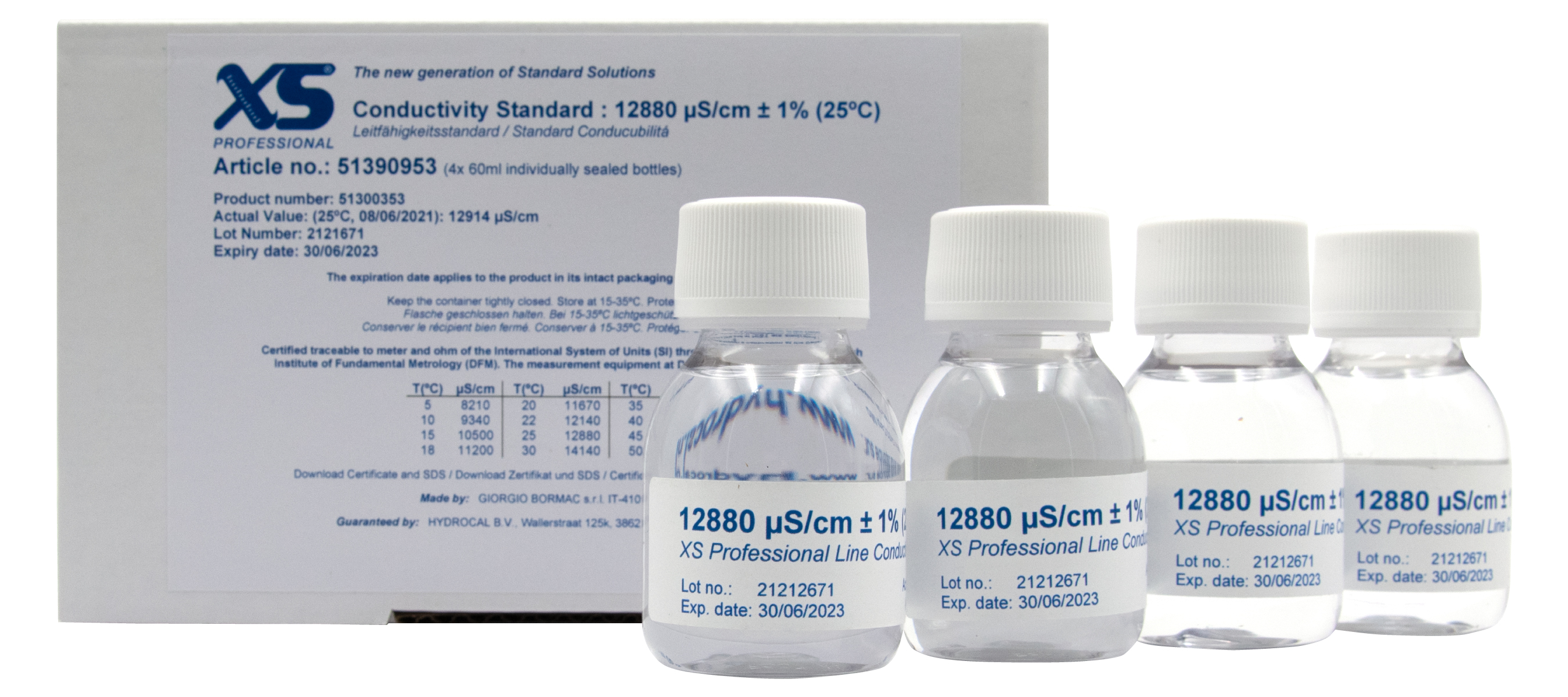 XS Professional 12880µS/cm - 4x 60ml Leitfähigkeitskalibrierlösung Datenblatt hinter Flaschen