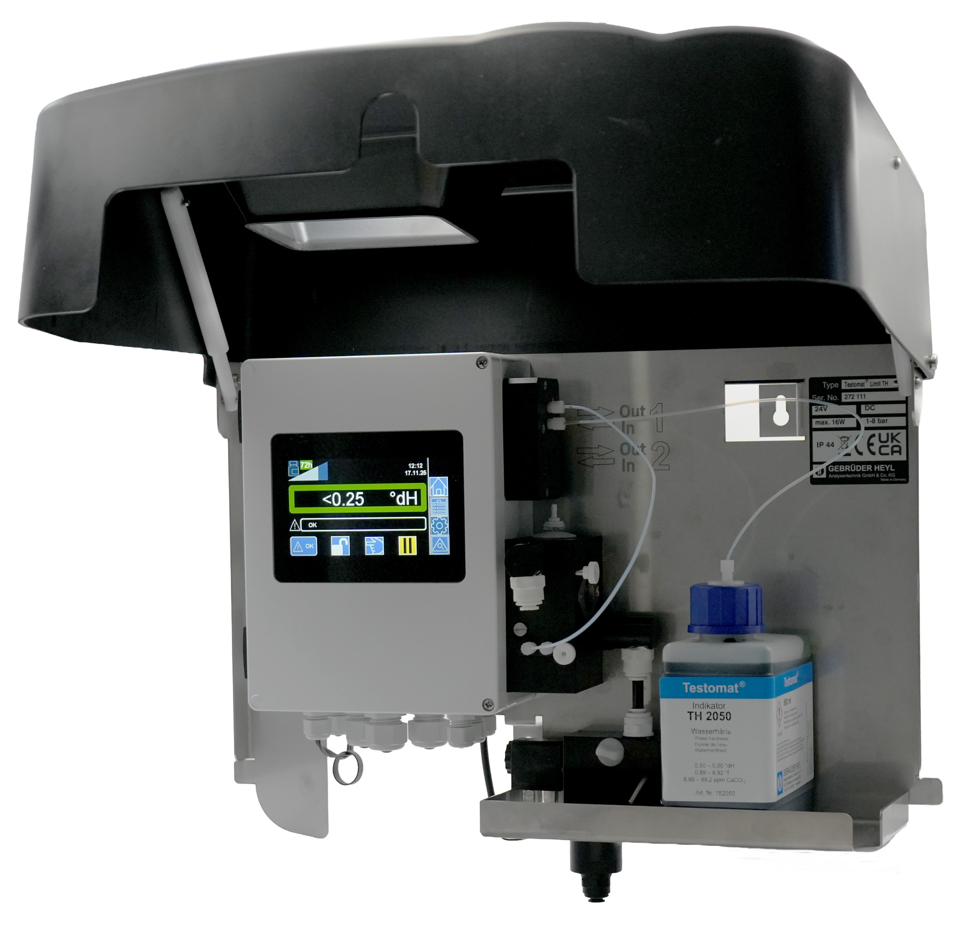 Grenzwertmessgeraet zur Bestimmung der Wasserhaerte, Artikelnummer 100900, Blick von rechts auf das Innere