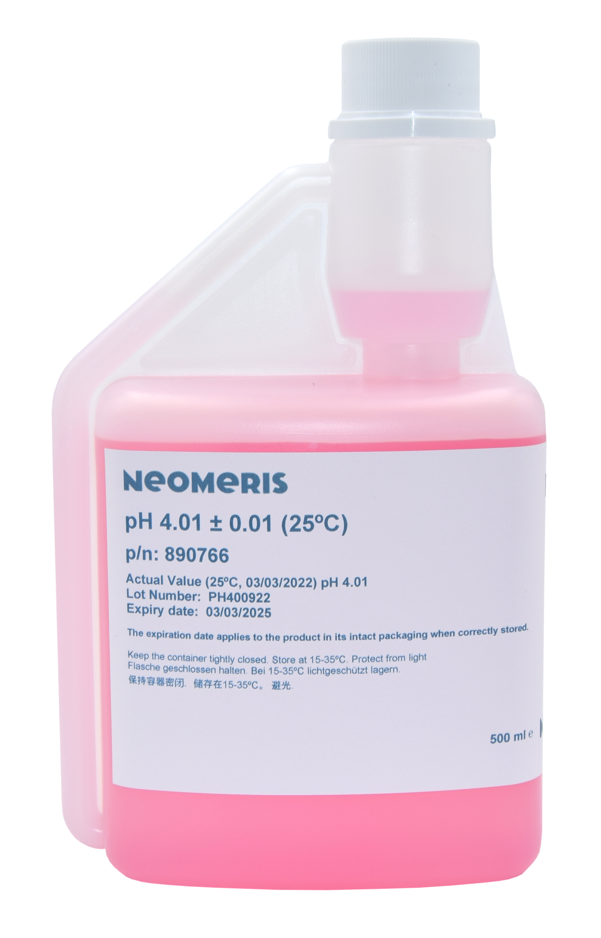 Pufferlösungcht 500 ml Flasche, Frontansi mit weißem Hygieneverschluss pH 4.01