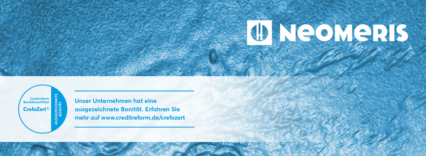 ein HeylNeomeris Banner in blauer Farbe mit Neomeris oben. Unten in der Ecke Zertifiziert.