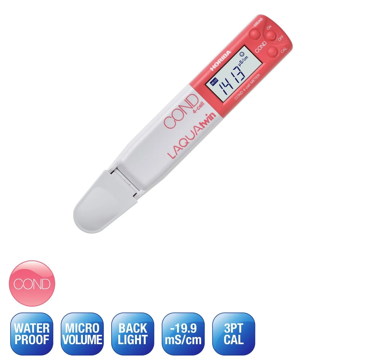 Horiba LAQUAtwin 4EC-11 conductivity tester, our item number 896091. Shown here is the conductivity meter and a list of the product’s features