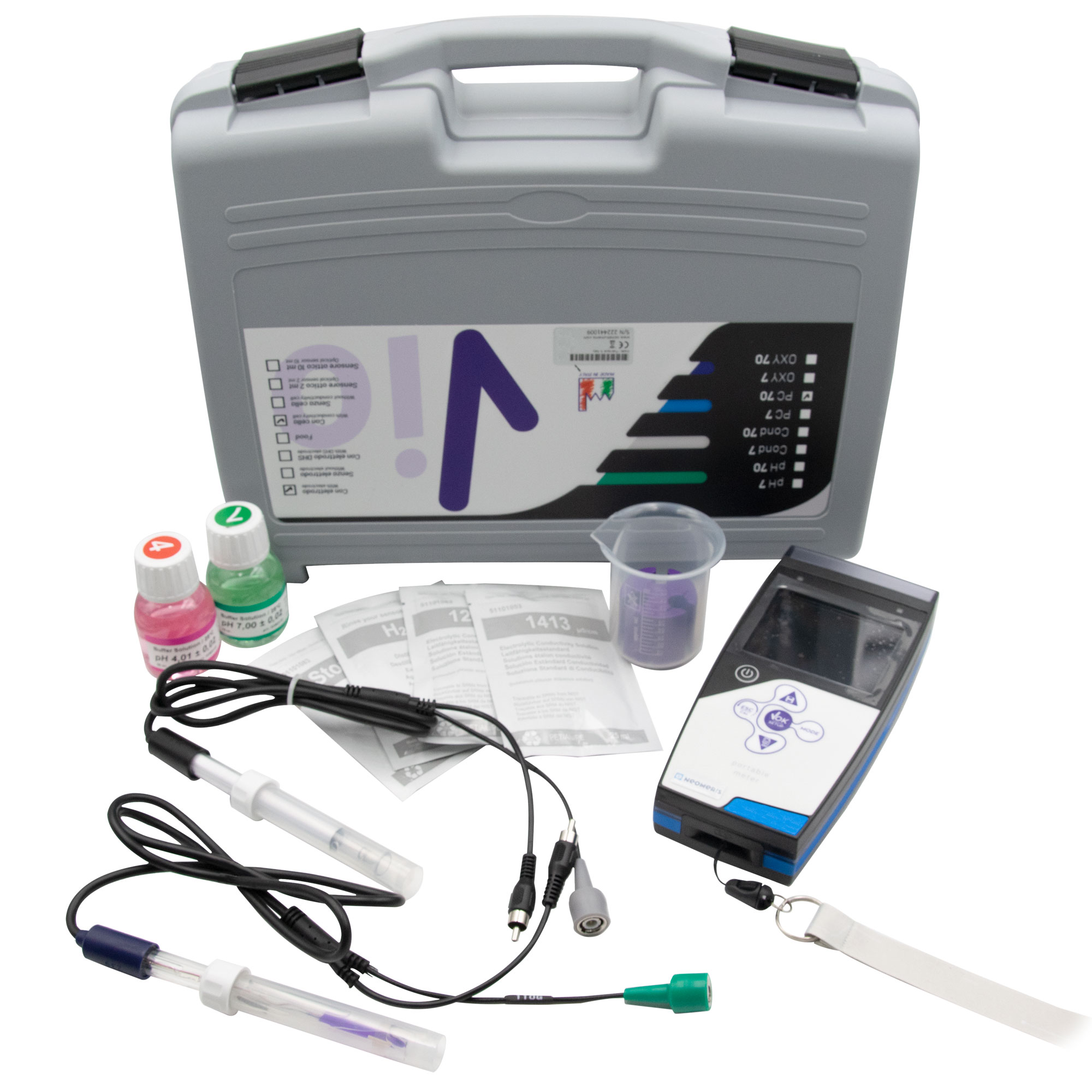 Professional pH/Leitfähigkeit/TDS/mV/Redox/Temperatur Handmessgerät im Koffer inklusive Elektroden, Inhalt ausgepackt komplett Übersicht Kofferinhalt, Koffer stehend geschlossen