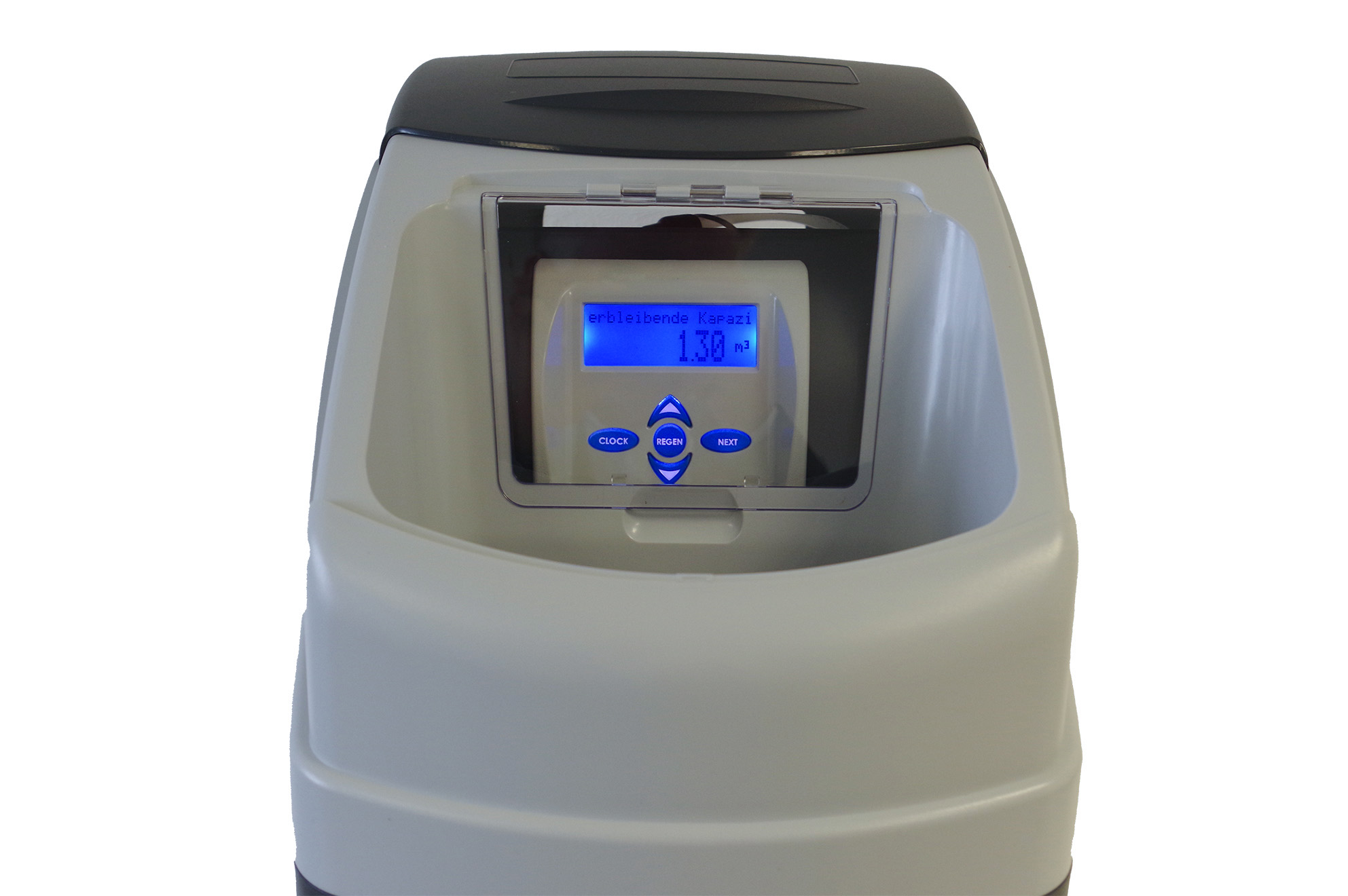 Nahansicht des Bildschirms, Bildschirm leuchtet blau und ist an, mit hellem Gehäuse drum