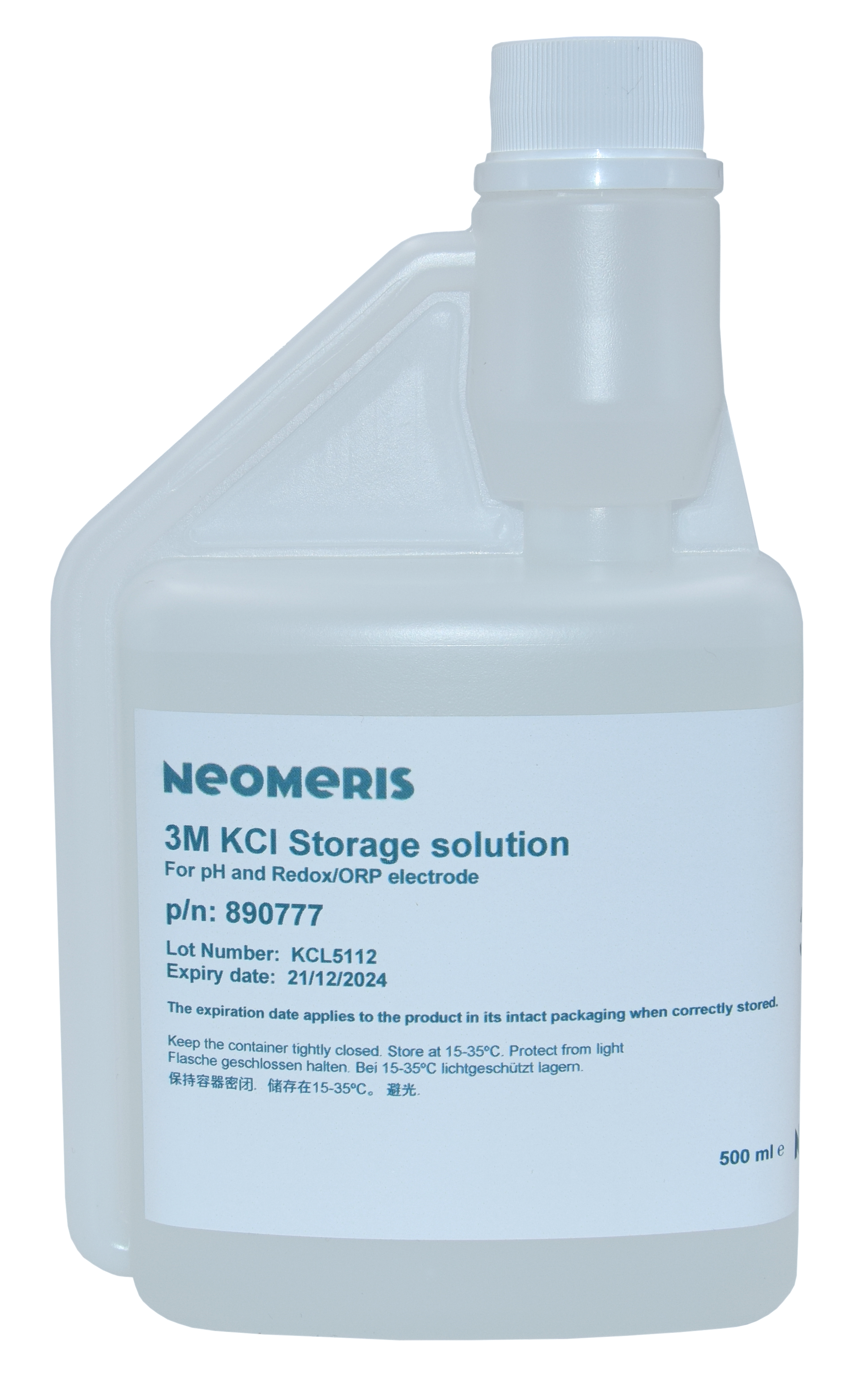 Aufbewahrungslösung für pH und Redox Elektroden, Frontansicht 250 ml Flasche mit Schraubverschluss