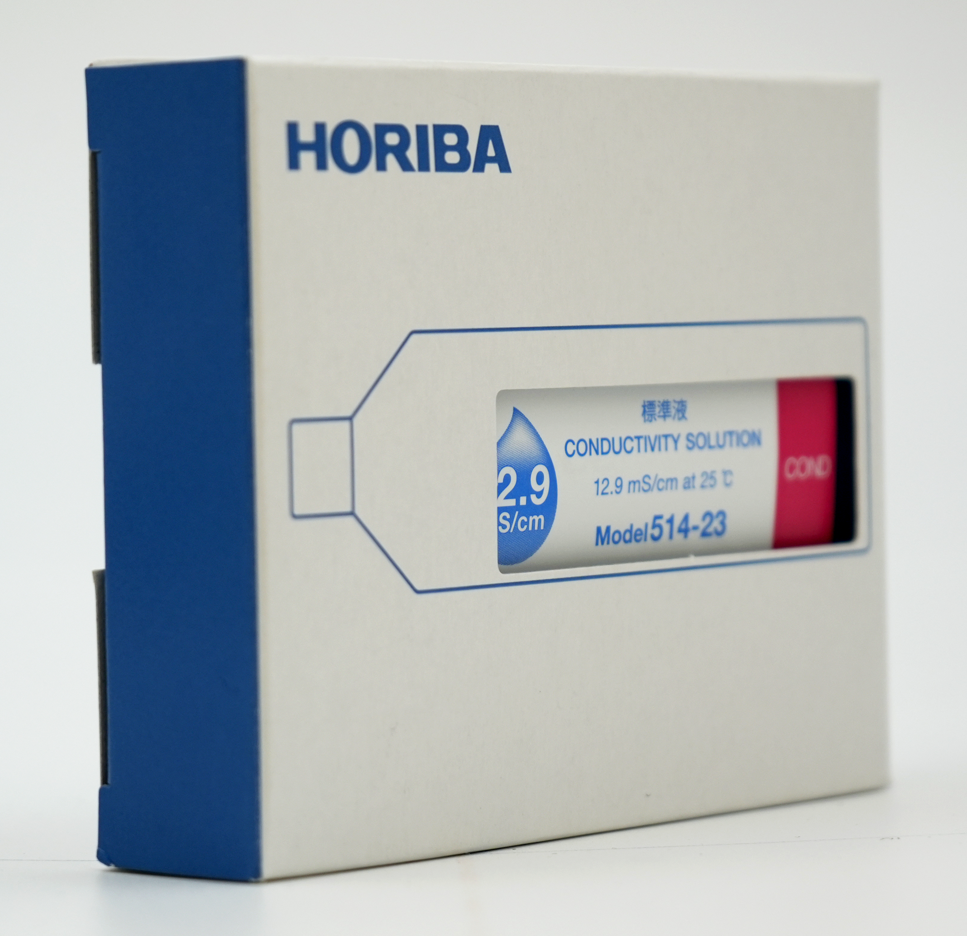 Horiba 12.9 mS/cm conductivity solution, bottle lying at an angle in display packaging