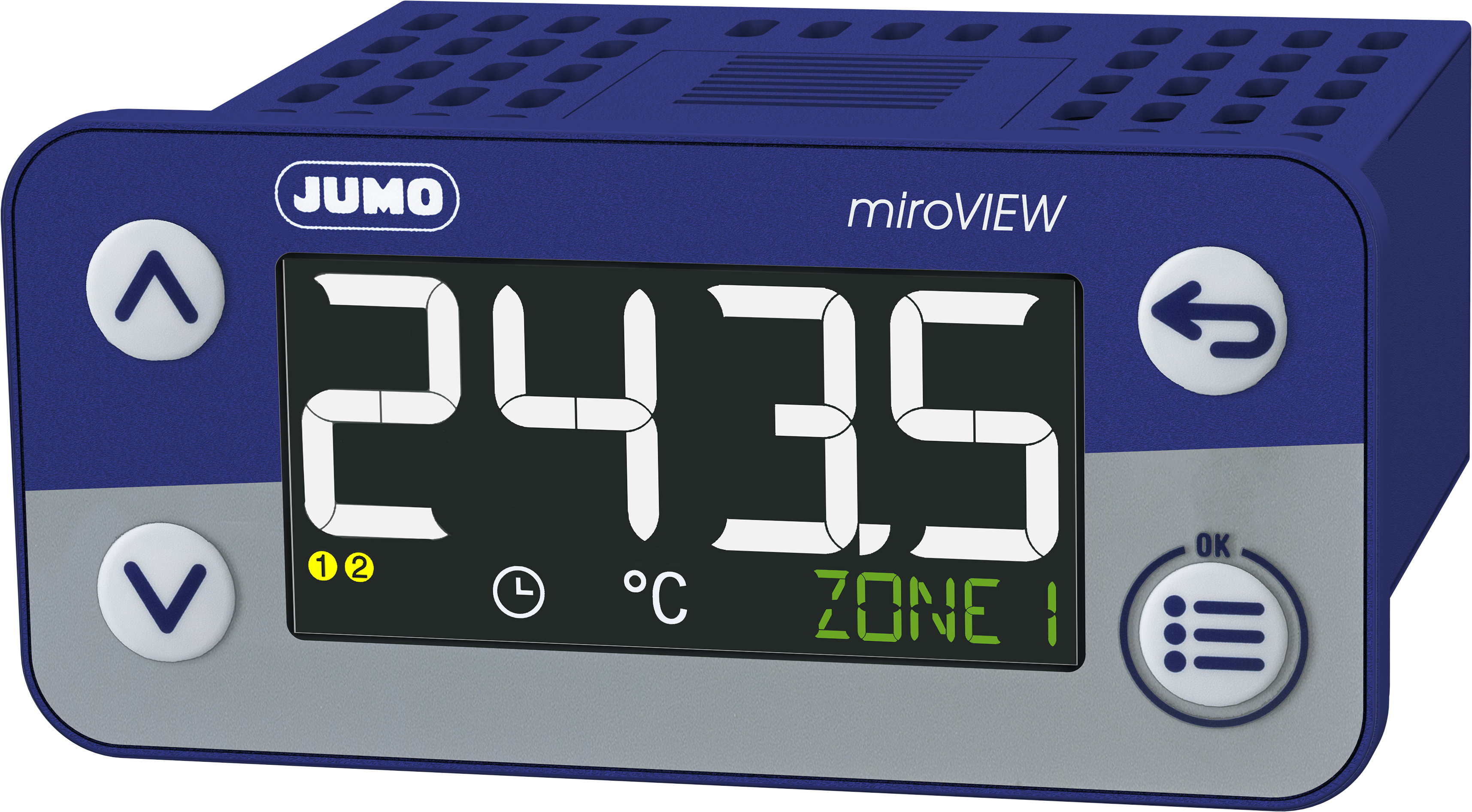 JUMO miroVIEW with 2 relays perspective view, thermocouple input, 2 relay outputs, AC 230 V supply