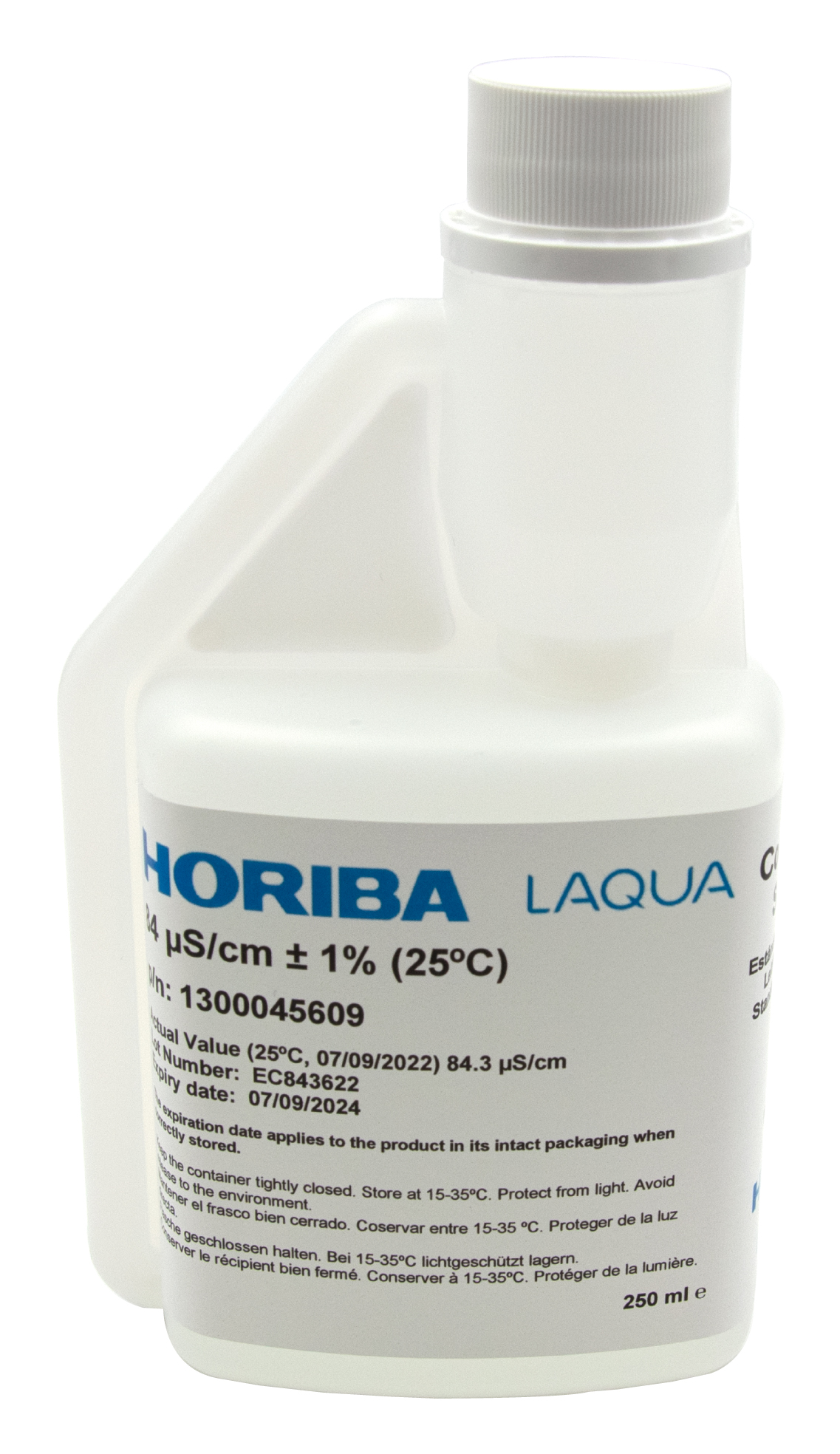 HORIBA calibration solution 84 μS/cm 250 ml bottle front view, hygienic squeeze design