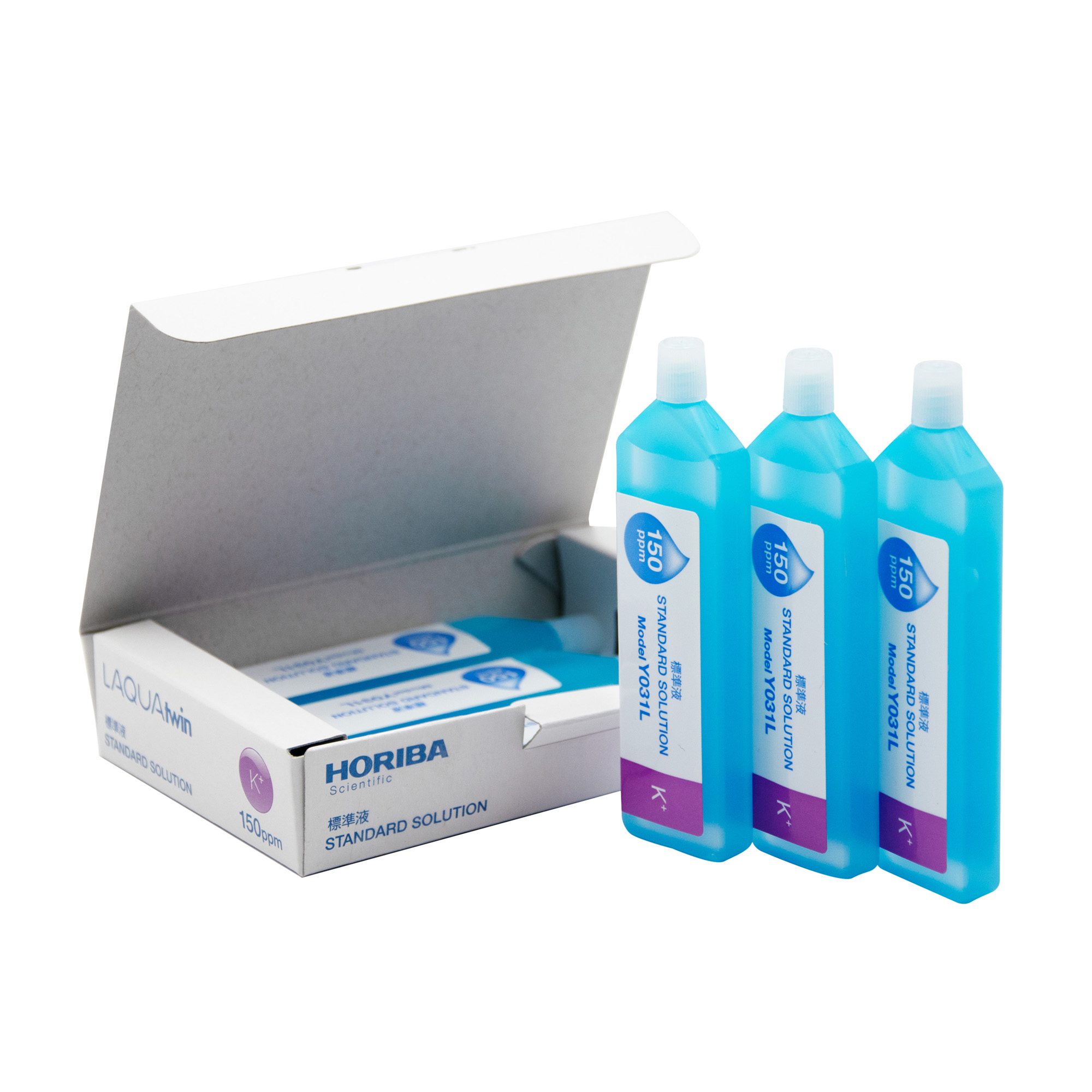 Horiba 150ppm Kalium Ionen Standard Lösung (Y031L), geöffnete Verpackung mit 3 Flaschen und 3 Flaschen davor