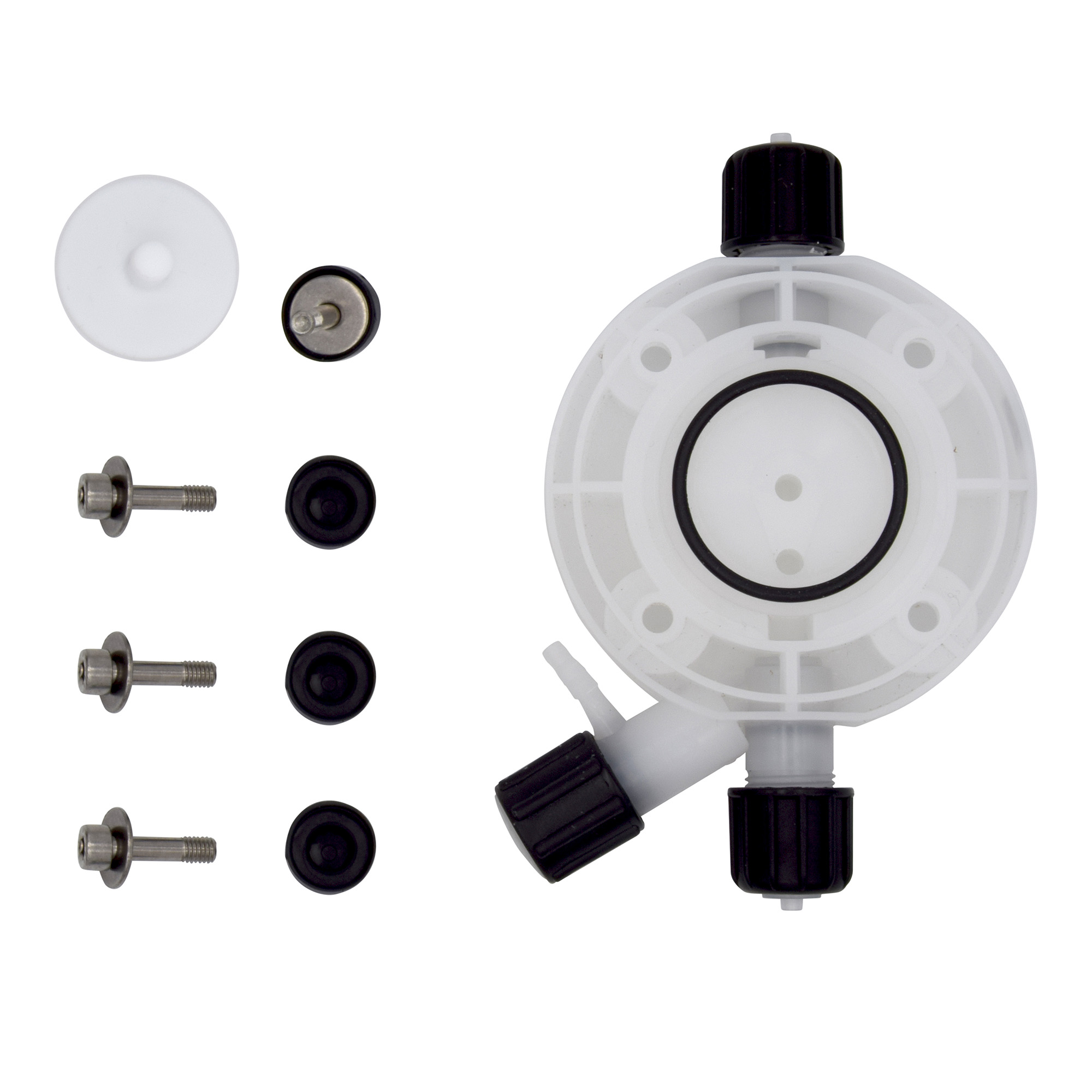 emec PRISMA Service Set I - PVDF pump head, Viton seal and PTFE membrane emec PRISMA Serviceset I, Komplettansicht des Pumpenkopfs mit Viton Dichtung und PTFE Membrane