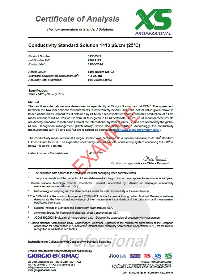 DFM certificate for 147 µS/cm, sheet 1