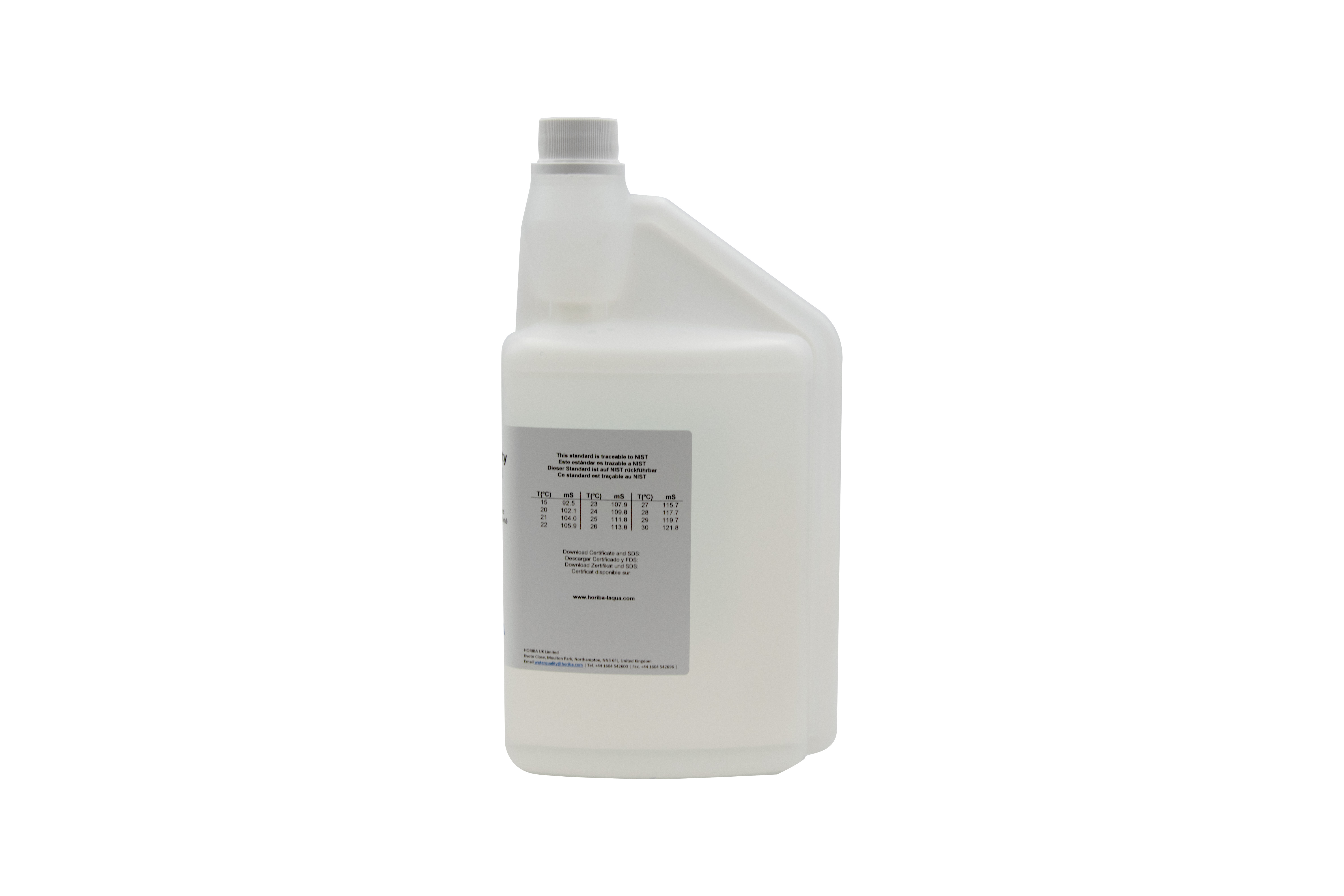 HORIBA calibration solution 1000 ml rear view with temperature values.