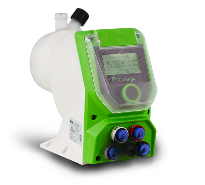 emec Prisma Schrittmotor Dosierpumpe, seitliche Ansicht, Bedienelemente und Anschlüsse