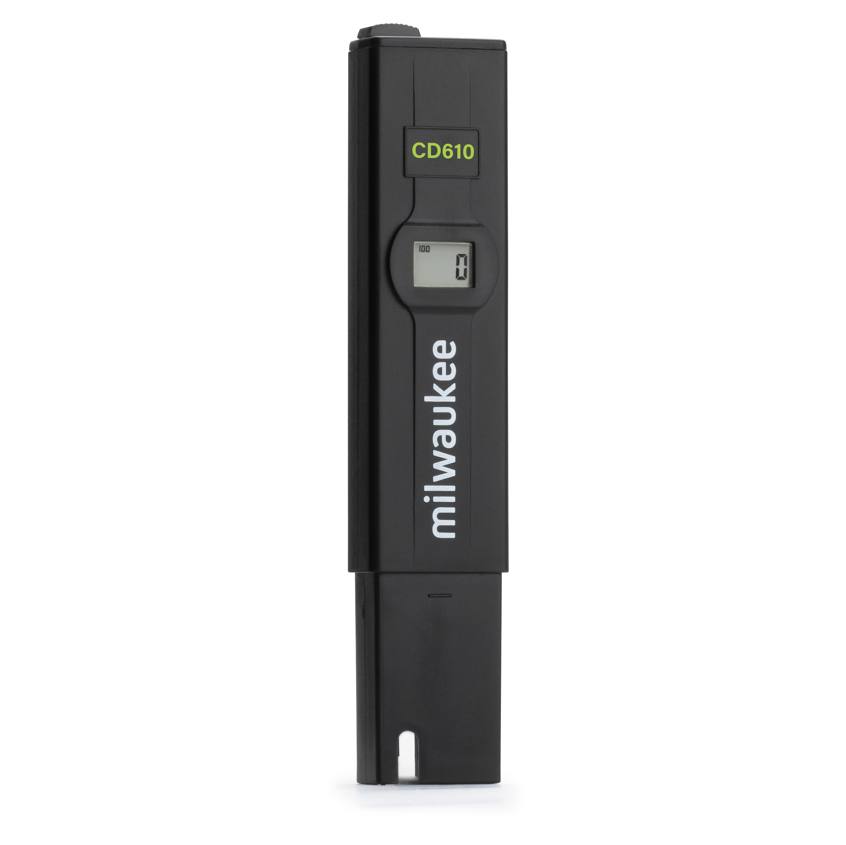 Milwaukee CD610 TDS tester, high-range model for dissolved solids, buttons and ergonomic shape visible, protective cap removed.