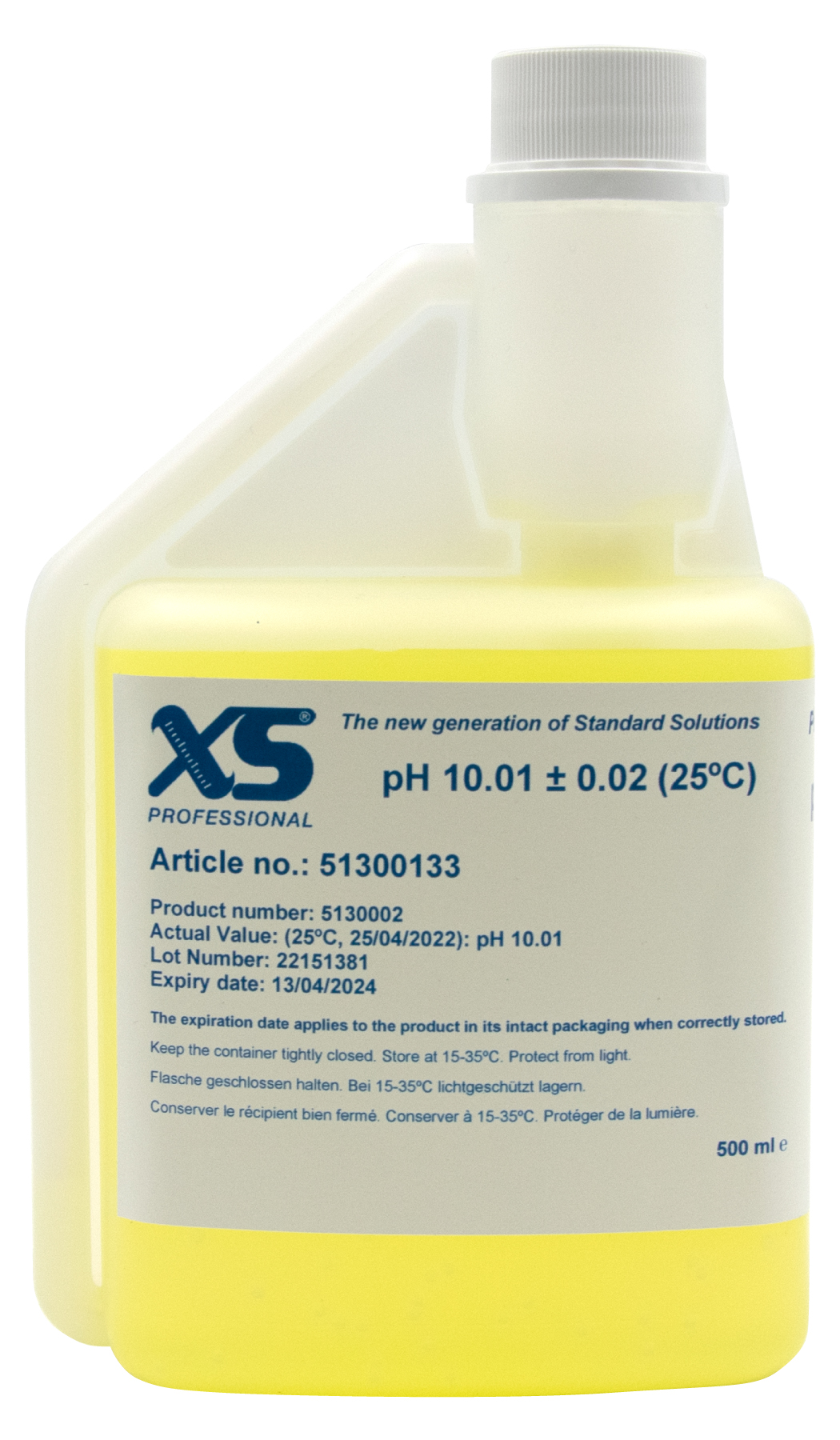 XS Professional pH‑10.01 500 ml Flasche Vorderansicht,Kalibrierpufferlösung mit Hygienverschluss