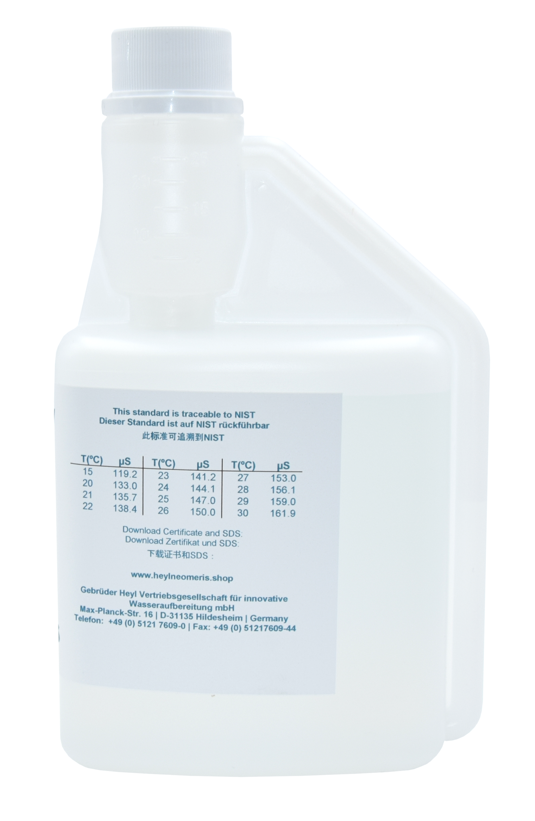 Seitenansicht der 500 ml 147 μS/cm Leitfähigkeitskalibrierlösung Flasche mit Hygieneverschluss Kalibrierlösung in transparenter Flasche
