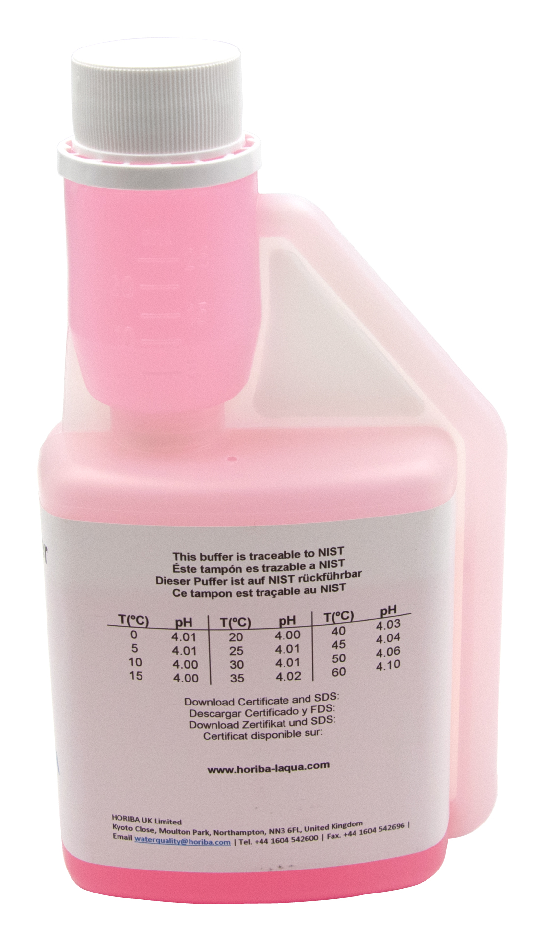 HORIBA pH 4.01 buffer solution, back side with pH value tables and temperature information