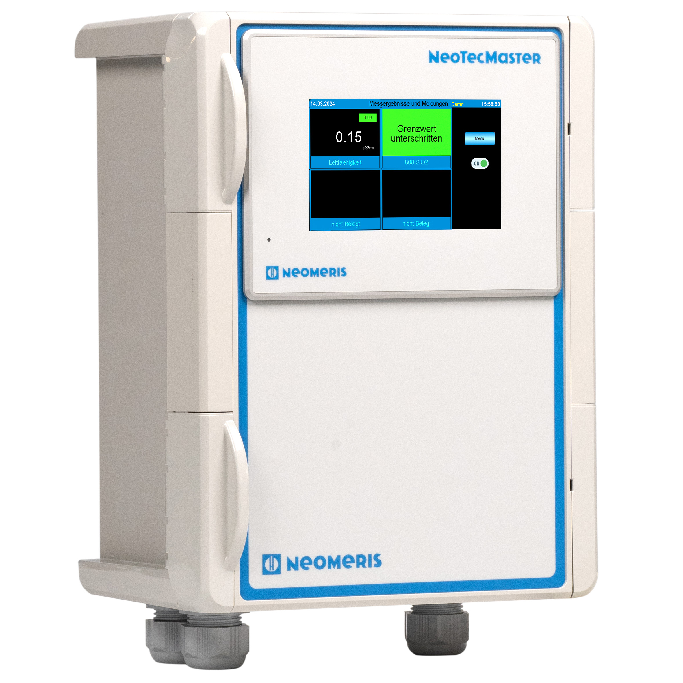 NeoTecMaster® – 5 inch in IP 66 housing as a 4-channel system, preconfigured to accept up to 8 incoming 4-20 mA signals, one R232 signal and Modbus signal, can be optionally enabled for 8 channels