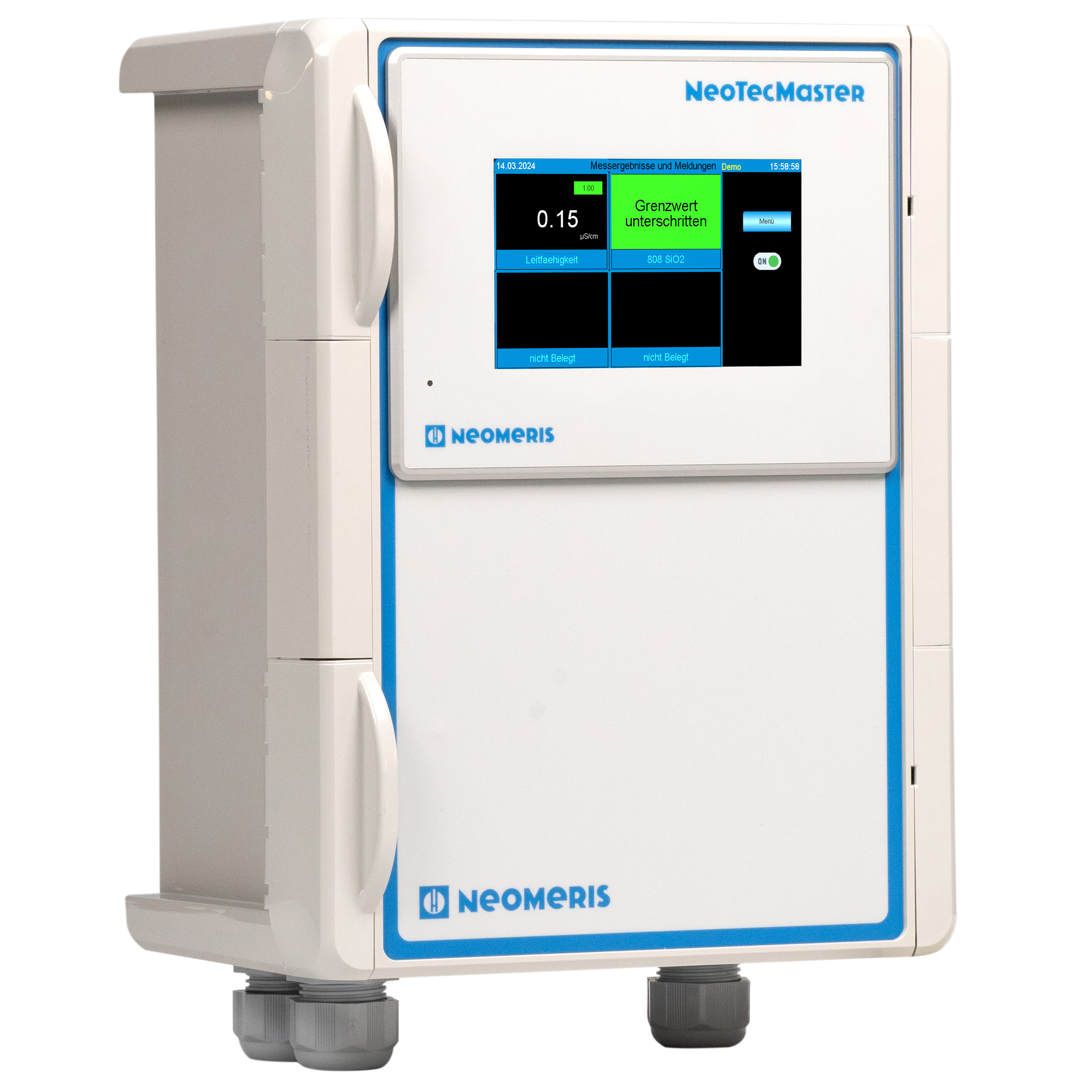 NeoTecMaster® – 5 Zoll im Gehäuse IP 66 als 4 Kanalsystem, vorkonfiguriert zur Aufnahme von bis zu 8 eingehenden 4-20 mA Signalen, einem R232 Signal sowie Modbus Signal, optional freischaltbar auf 8 Kanäle