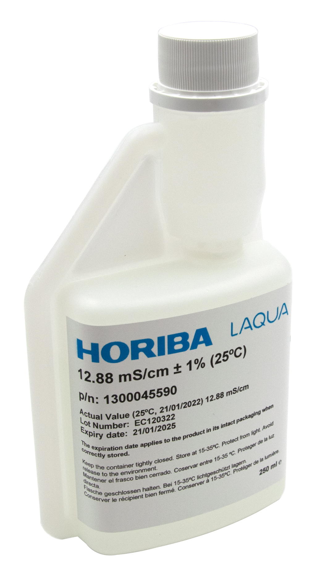 HORIBA 12.88 mS/cm Leitfähigkeitskalibrierlösung 250 ml Flasche mit Hygieneverschluss, Transparente Flasche mit ergonomischem Hygienedeckel zur kontaminationsfreien Entnahme