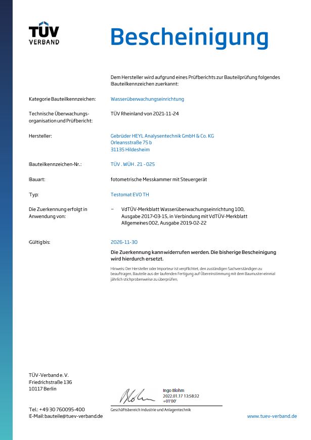 Testomat EVO TH, TÜV-Bescheinigung für Wasserüberwachungseinrichtung, 24 VAC / 50-60 Hz