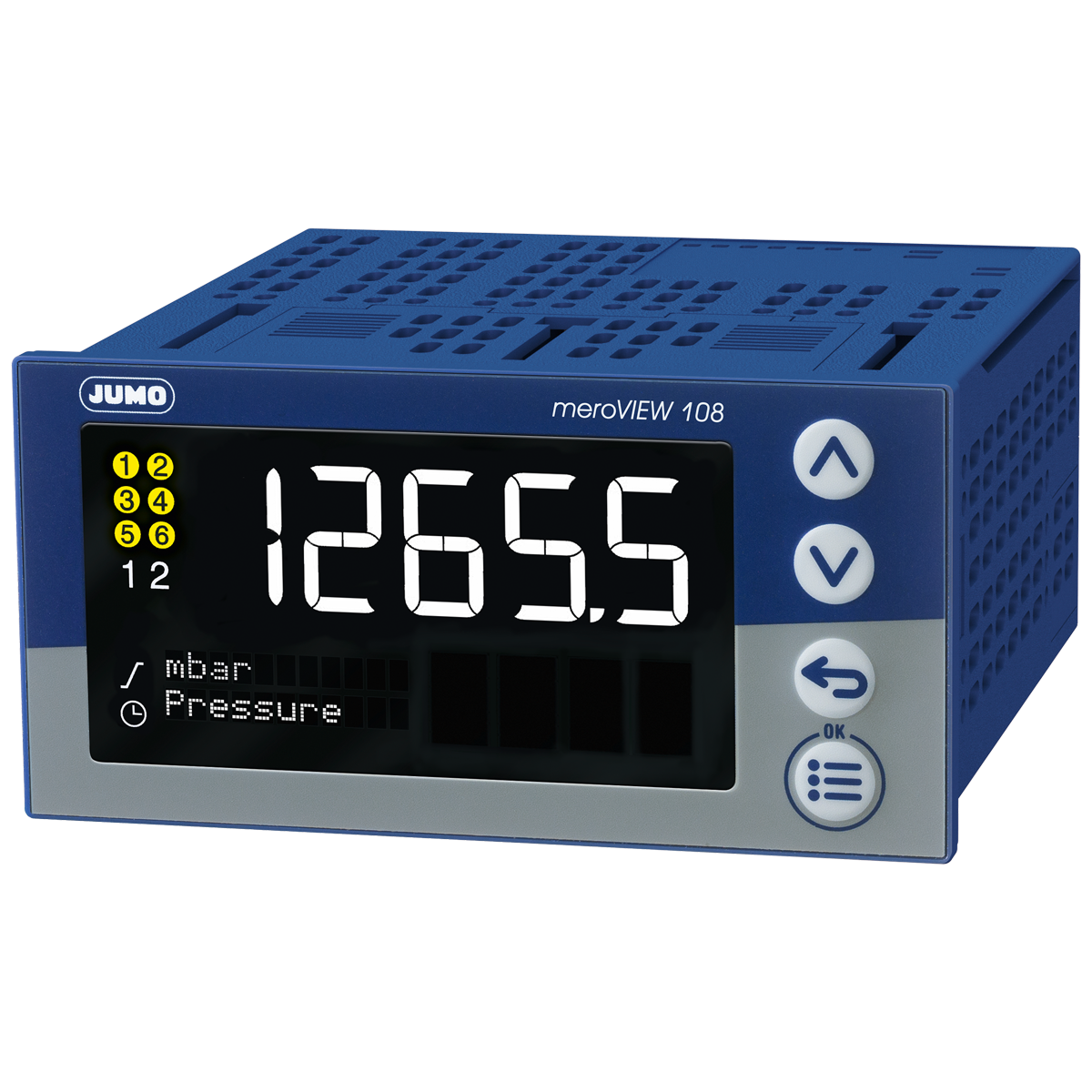 JUMO meroVIEW 108Q, Detailansicht mit Anzeigeelementen für Schaltstellungen und Timer,Spannungsversorgung: AC / DC 24 V +10 / -15 %, 48 bis 63 Hz