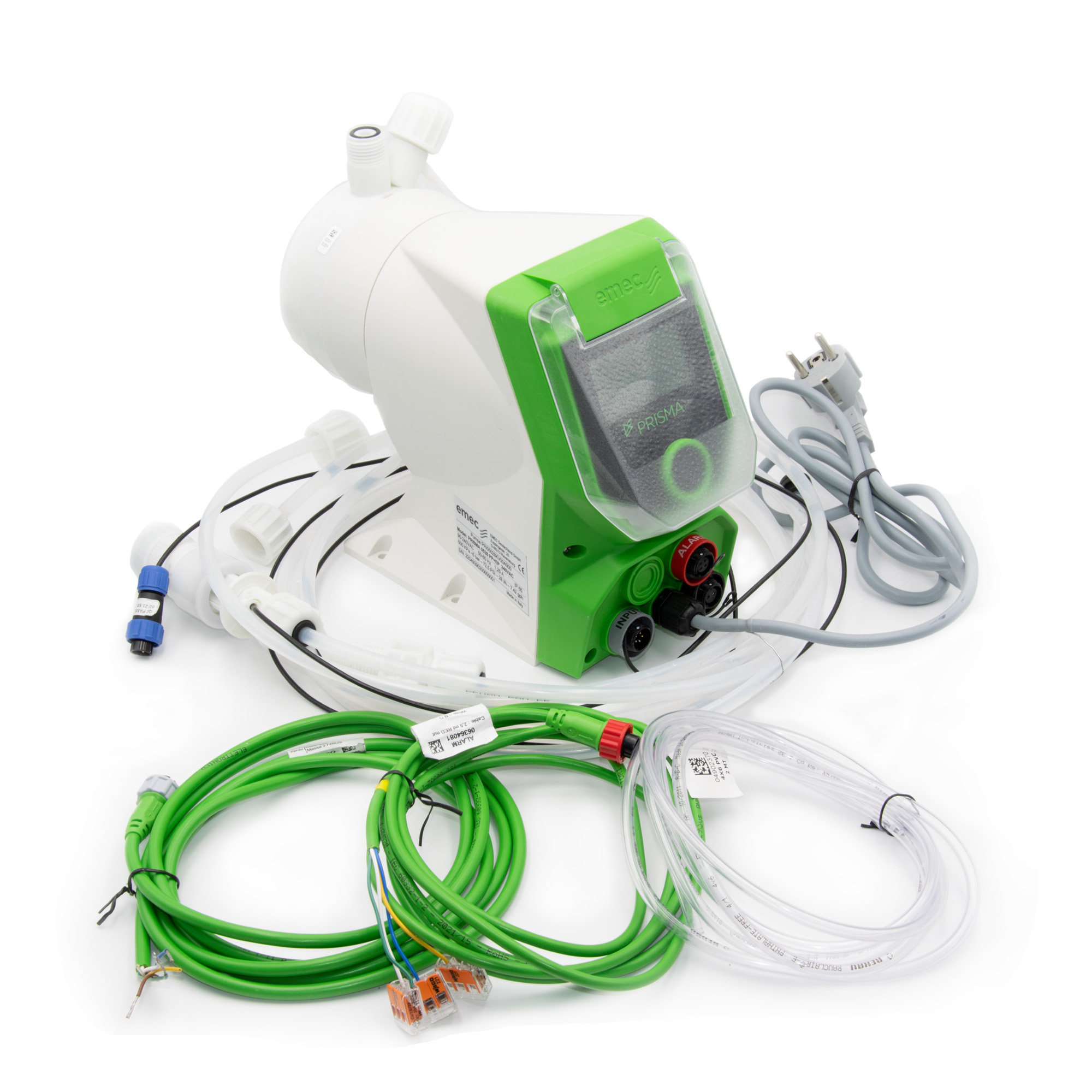 Lieferumfang der PRISMA Dosierpumpe mit Schläuchen und Kabeln