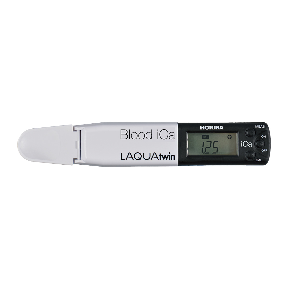 Horiba LAQUAtwin Ca-11C-1 meter for ionised calcium in animal blood. This image shows a close-up of the Horiba LAQUAtwin Ca-11C-1 meter on its own. The sensor is visible, the LCD display is switched on, and it is placed on a light surface.