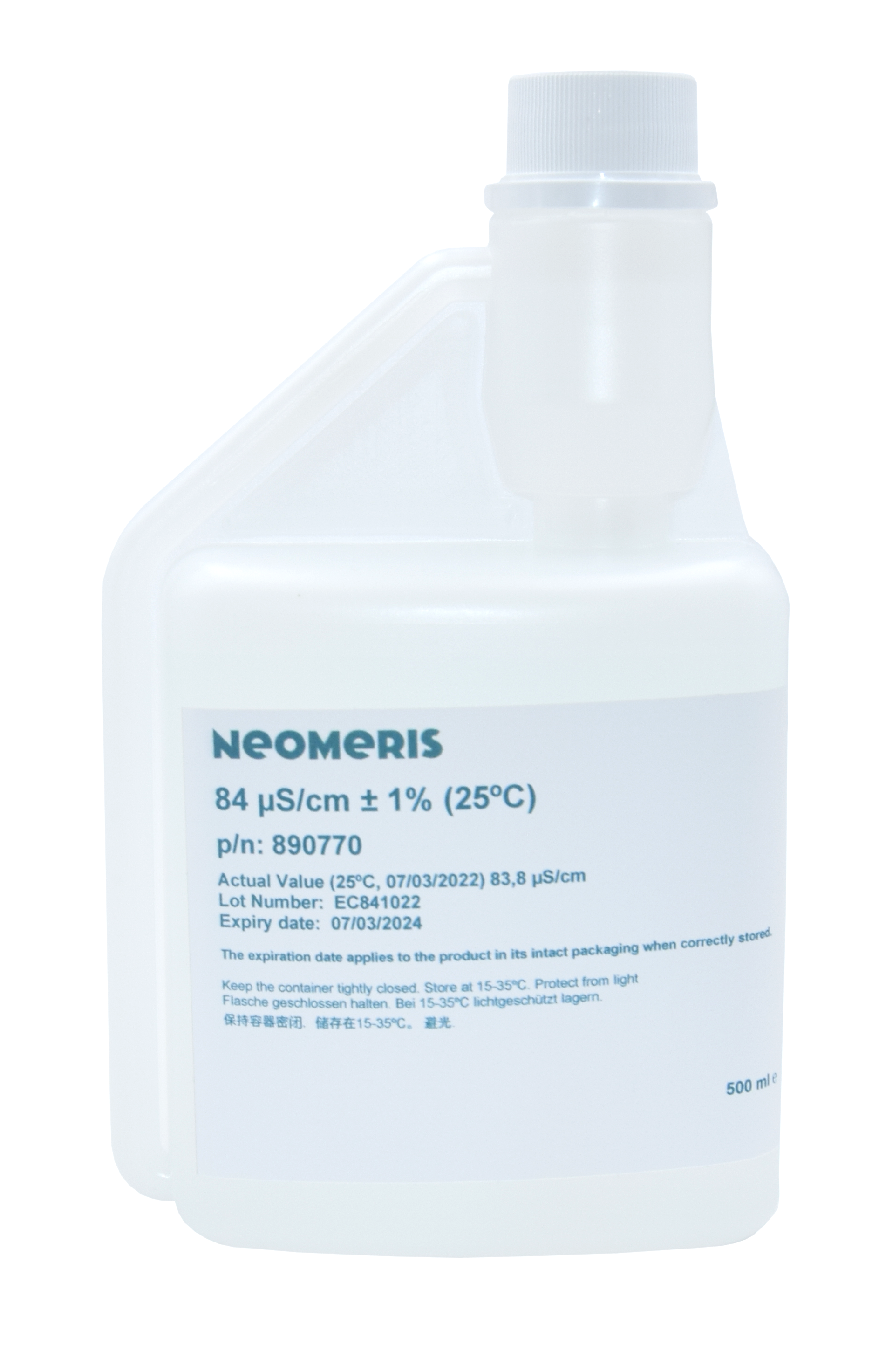 Neomeris Leitfähigkeitskalibrierlösung 84 μS/cm Leitfähigkeitskalibrierlösung 500 ml Flasche, transparente Kunststoffflasche mit weißem Schraubverschluss