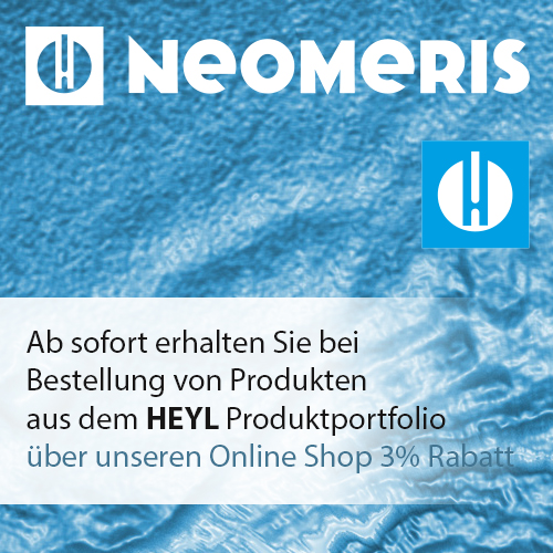 ein HeylNeomeris Banner in blauer Farbe mit Neomeris oben. Unten 3% Online Shop Rabatt